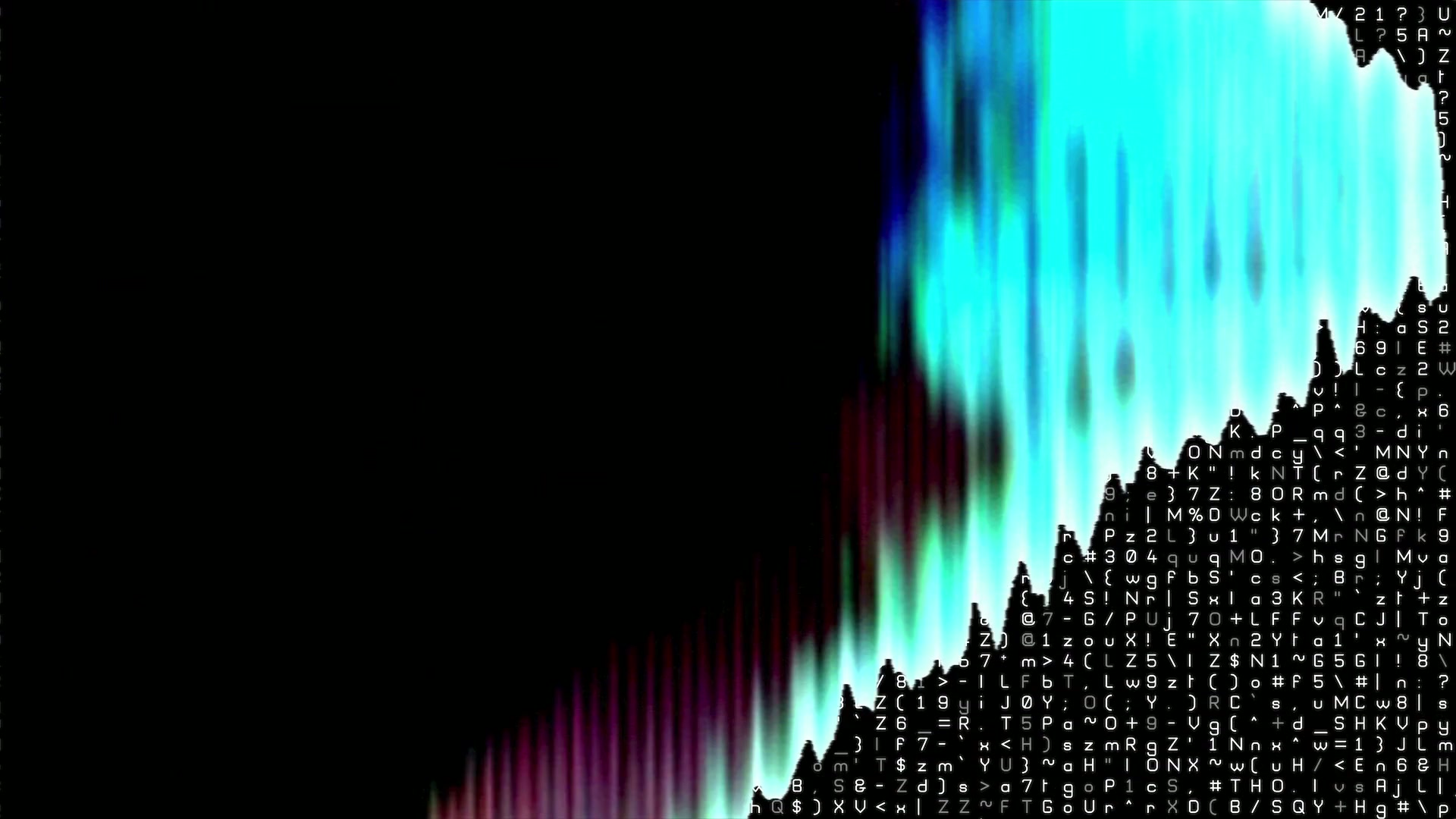 Abstract digital video loop featuring vibrant blue and purple wave patterns contrasting against a black background, with alphanumeric characters and symbols creating a futuristic code landscape.