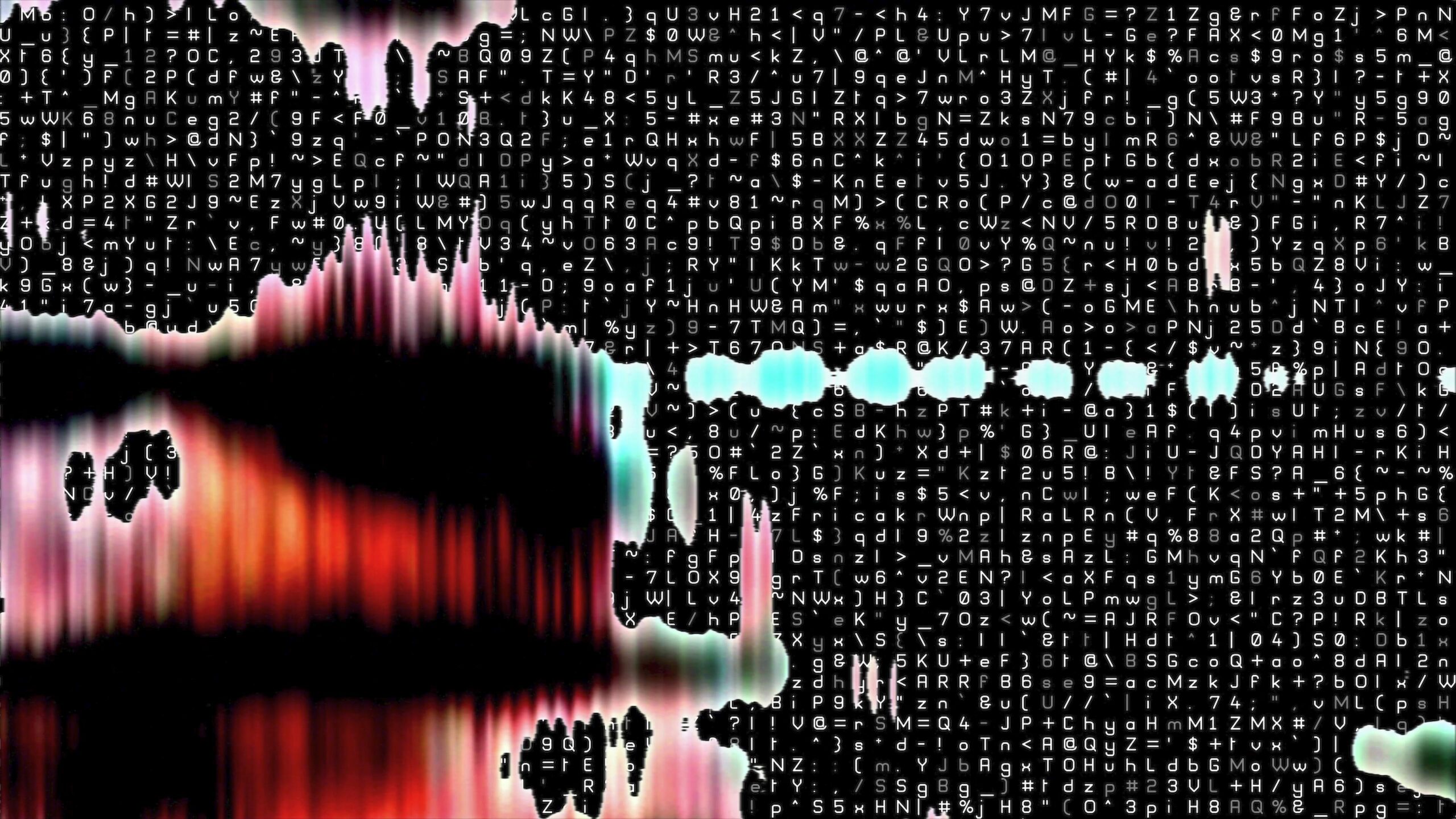 Abstract digital 4K video loop featuring vibrant blue and purple wave patterns contrasting against a black background, with alphanumeric characters and symbols creating a futuristic code landscape.