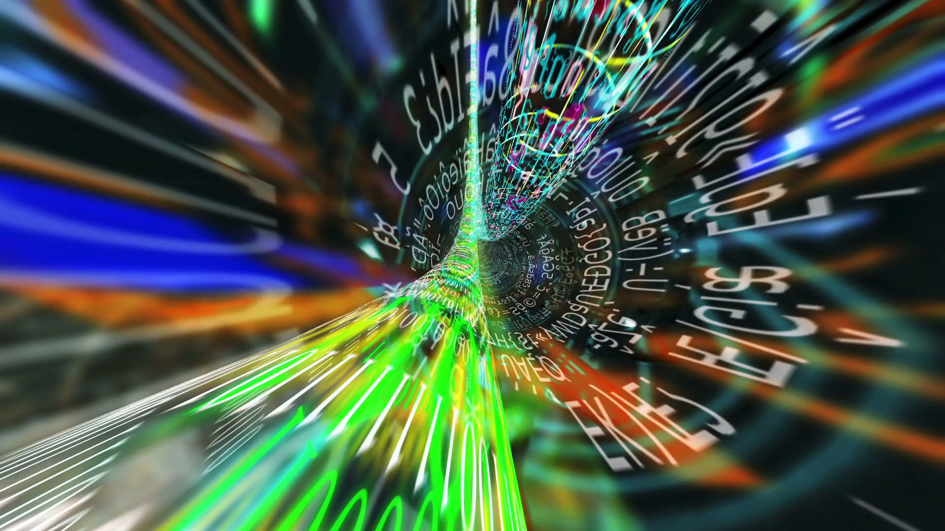 Futuristic video loop of a digital data tunnel with swirling neon colors and alphanumeric characters, symbolizing technology and information flow.