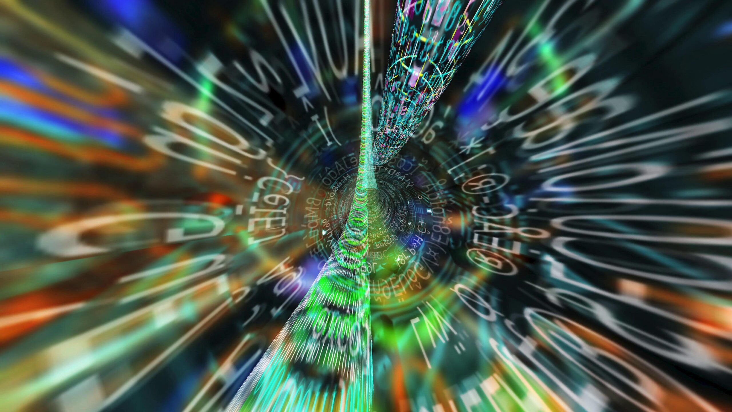 Futuristic looping 4K video of a digital tunnel with swirling numbers and colors.