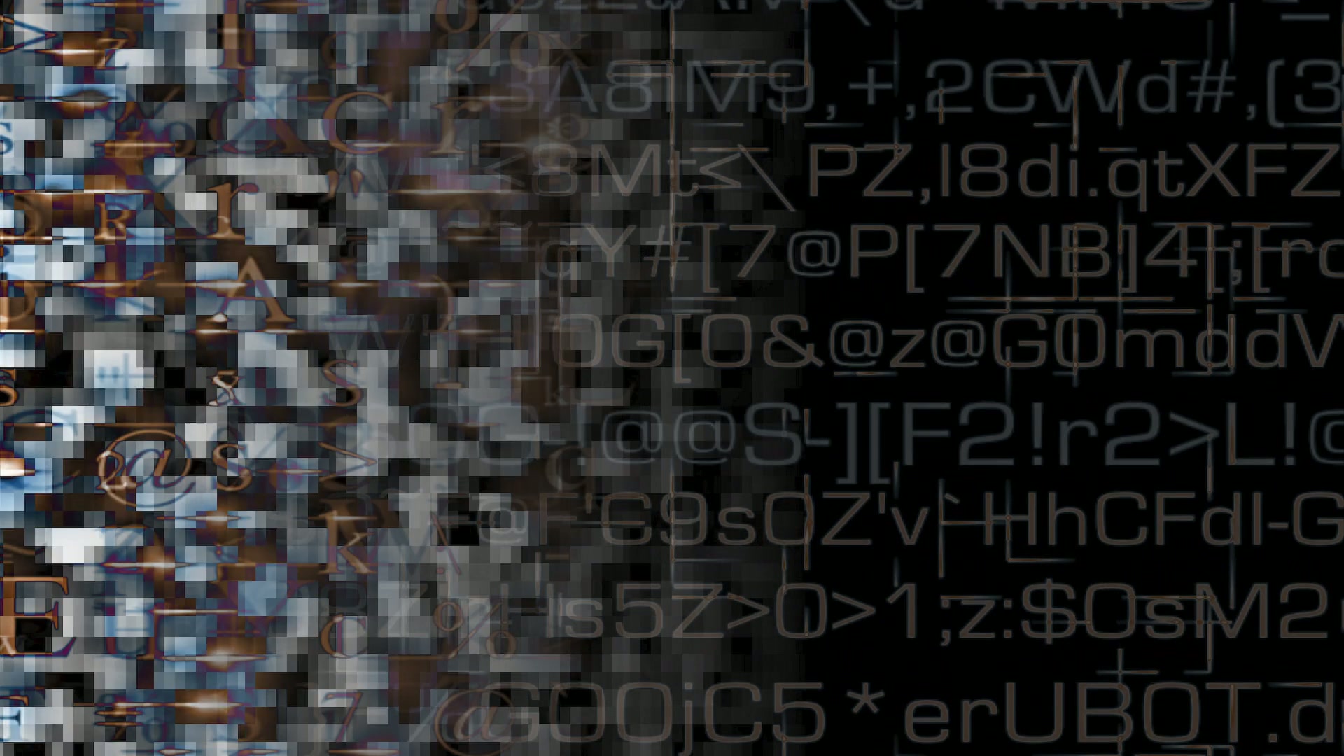 An abstract looping video featuring a blend of pixelated shapes and encrypted alphanumeric text, creating a digital, techno-artistic aesthetic.