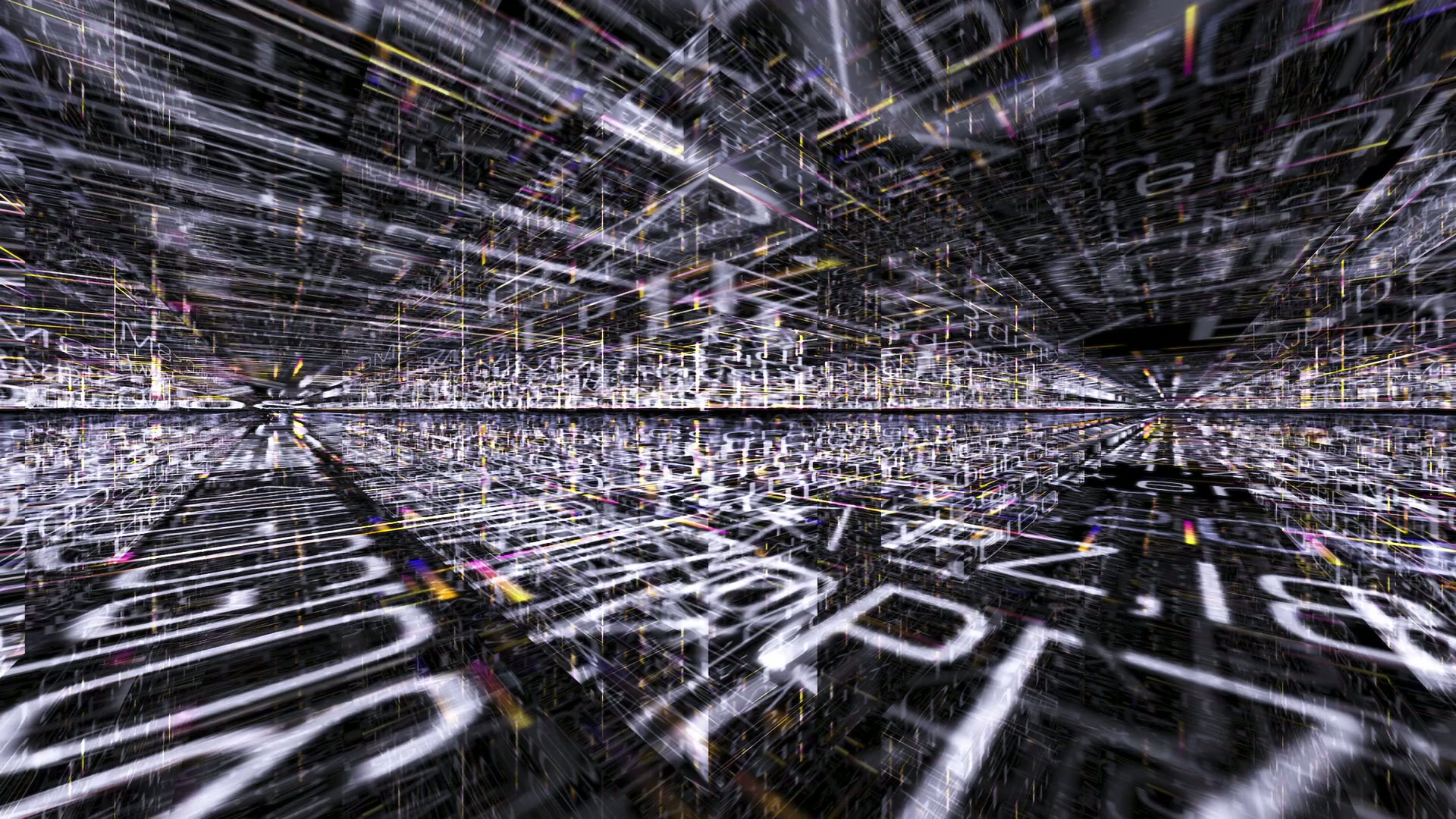 An abstract digital video loop depicting an infinite data corridor filled with alphanumeric characters, symbolizing rapid data transfer and complexity in cyberspace.