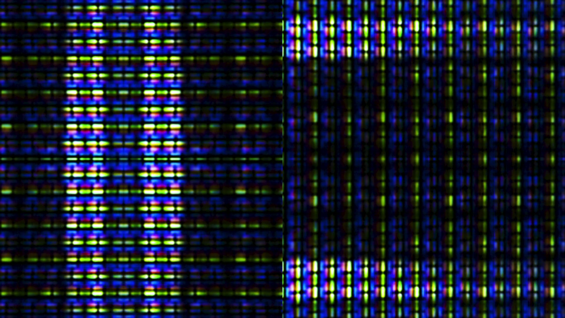 Close-up video loop of vibrant digital pixel patterns with blue, green, and purple hues in grid formations, showcasing electronic data structures.