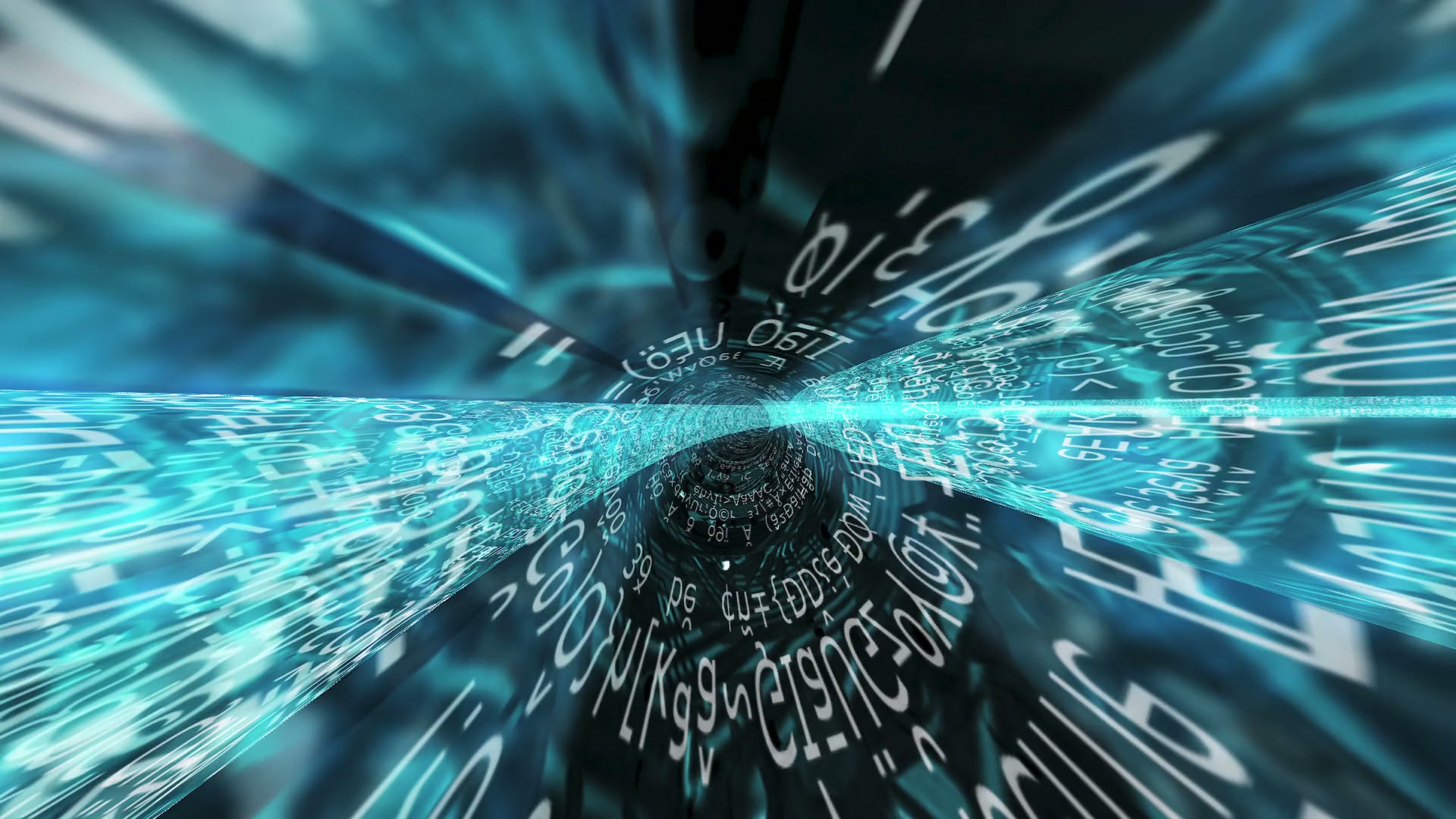 Video loop animation of a futuristic digital tunnel with flowing alphanumeric data streams in shades of blue, depicting fast information transfer and cyberspace technology.