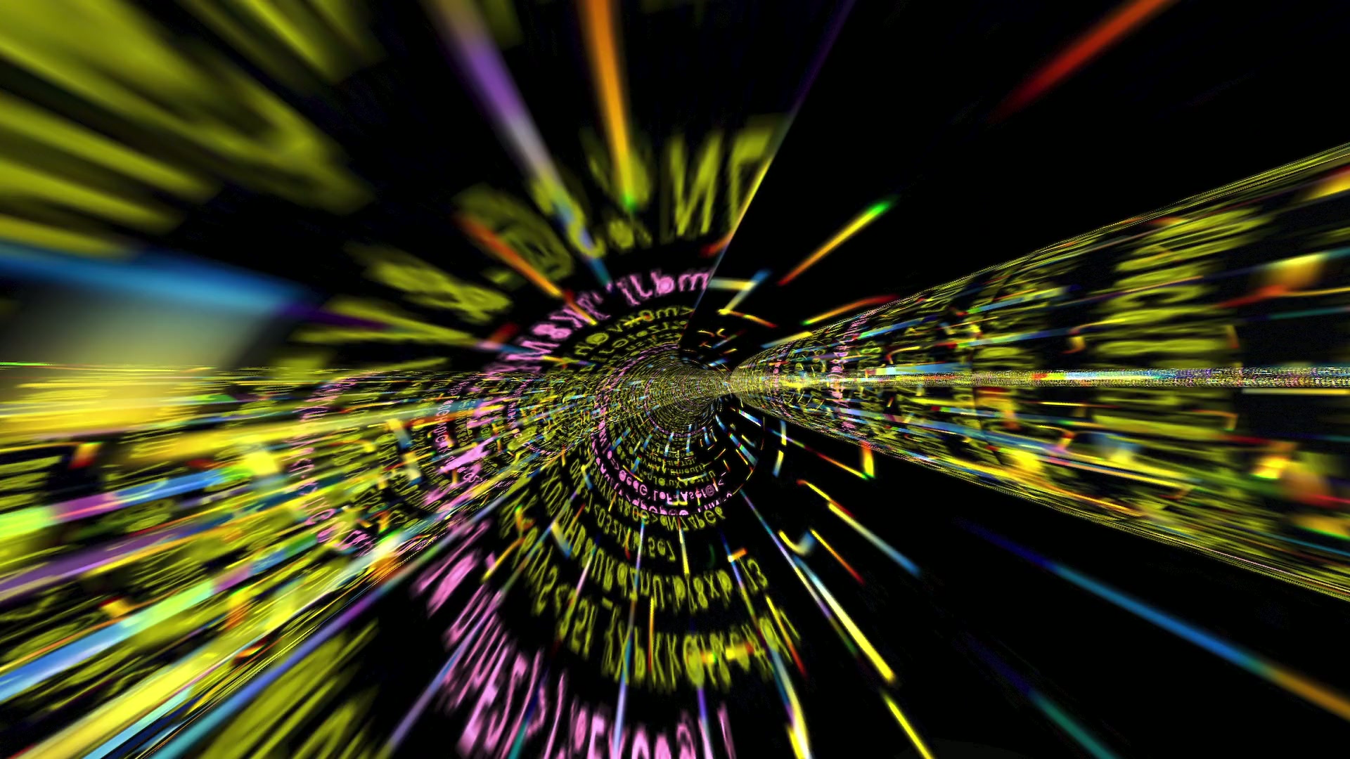 A colorful video loop of a streaming digital tunnel with swirling text, creating a futuristic and dynamic visual effect in bright neon colors against a dark background.