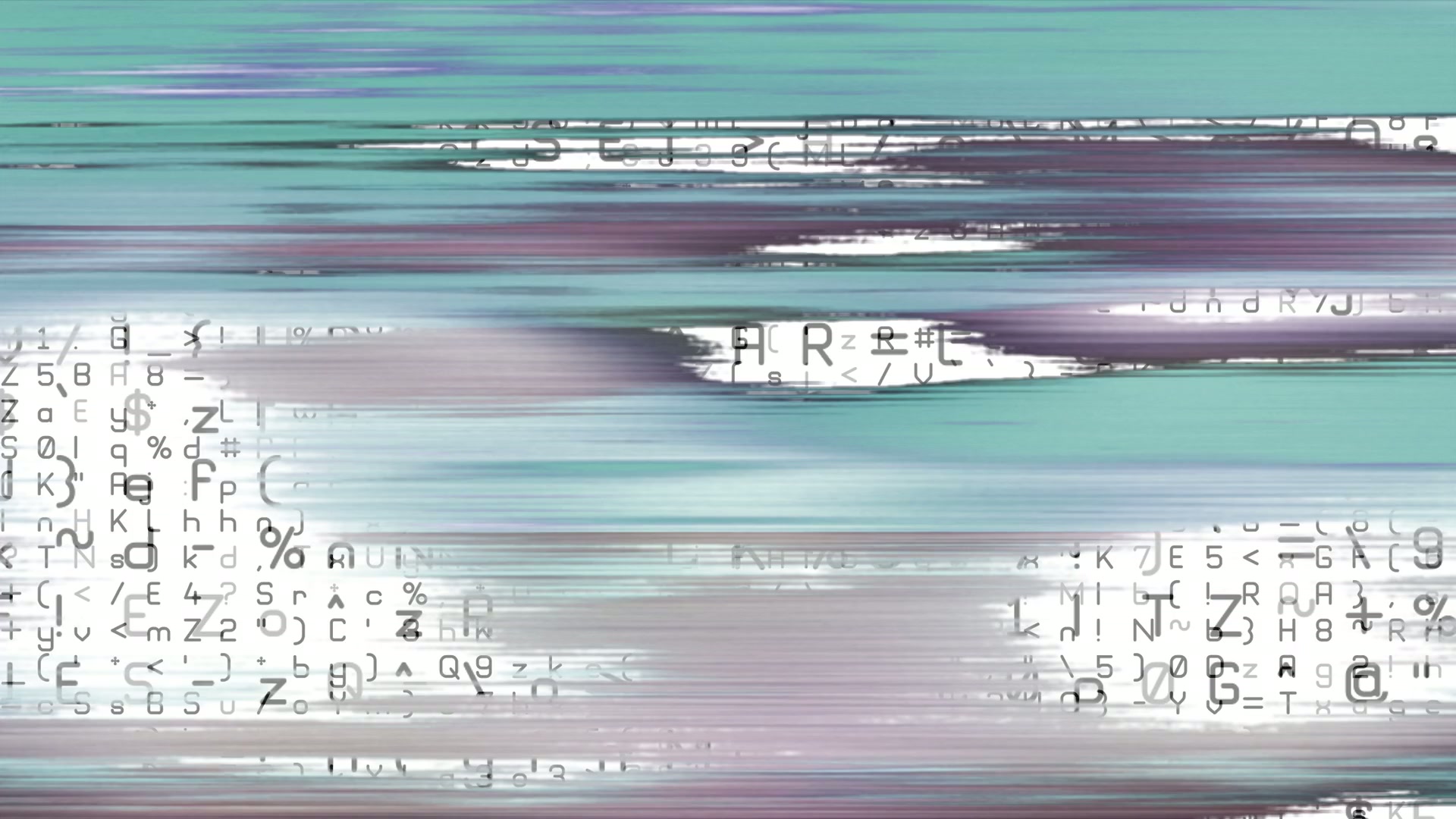 Abstract digital glitch art looping video featuring horizontal blue and purple streaks with scattered alphanumeric symbols, creating a dynamic and chaotic visual effect.