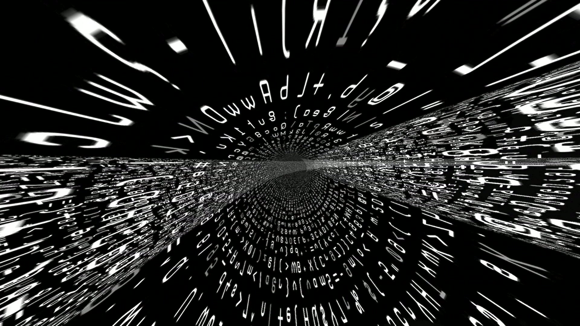 Futuristic video loop of a digital data tunnel with cascading letters and numbers in a monochromatic scheme.