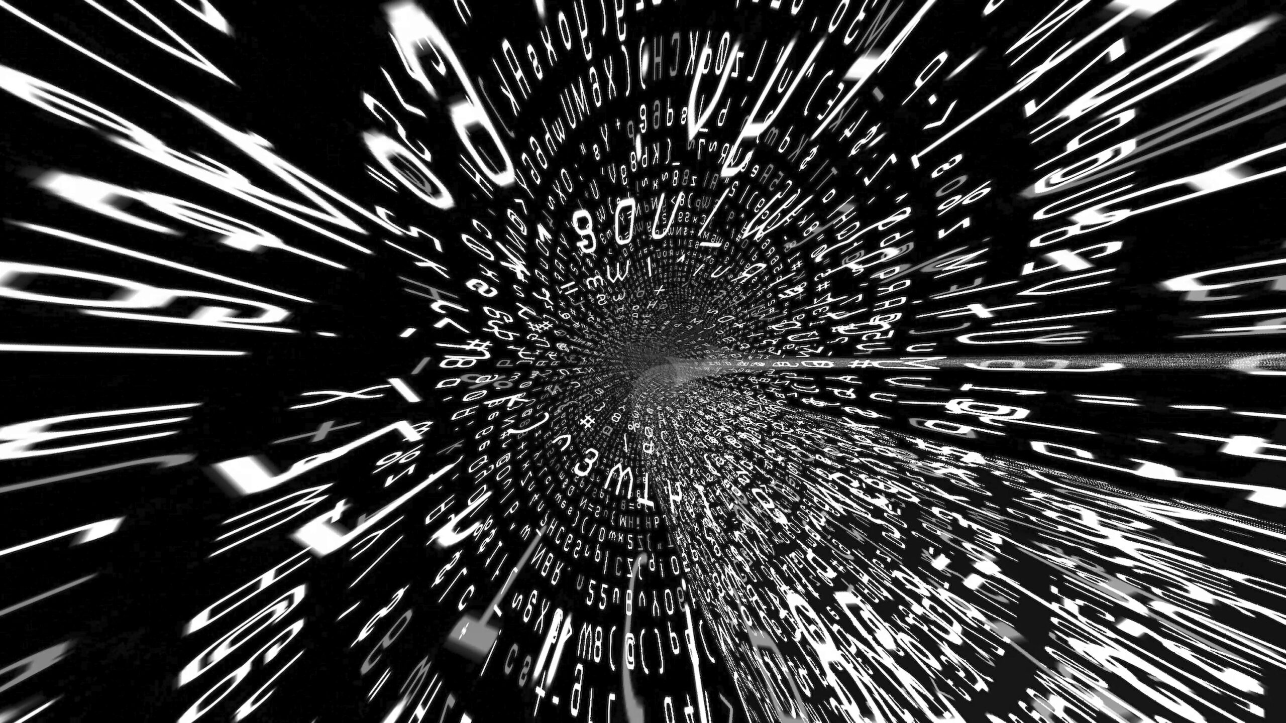 Abstract 4K video loop of a swirling tunnel of alphanumeric characters suggesting data flow.