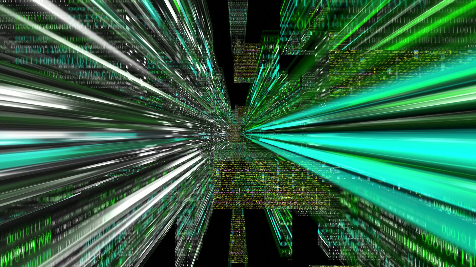 Abstract video loop of a digital data tunnel animation with dynamic green and black lines of binary code, representing high-speed information flow in a futuristic digital realm.