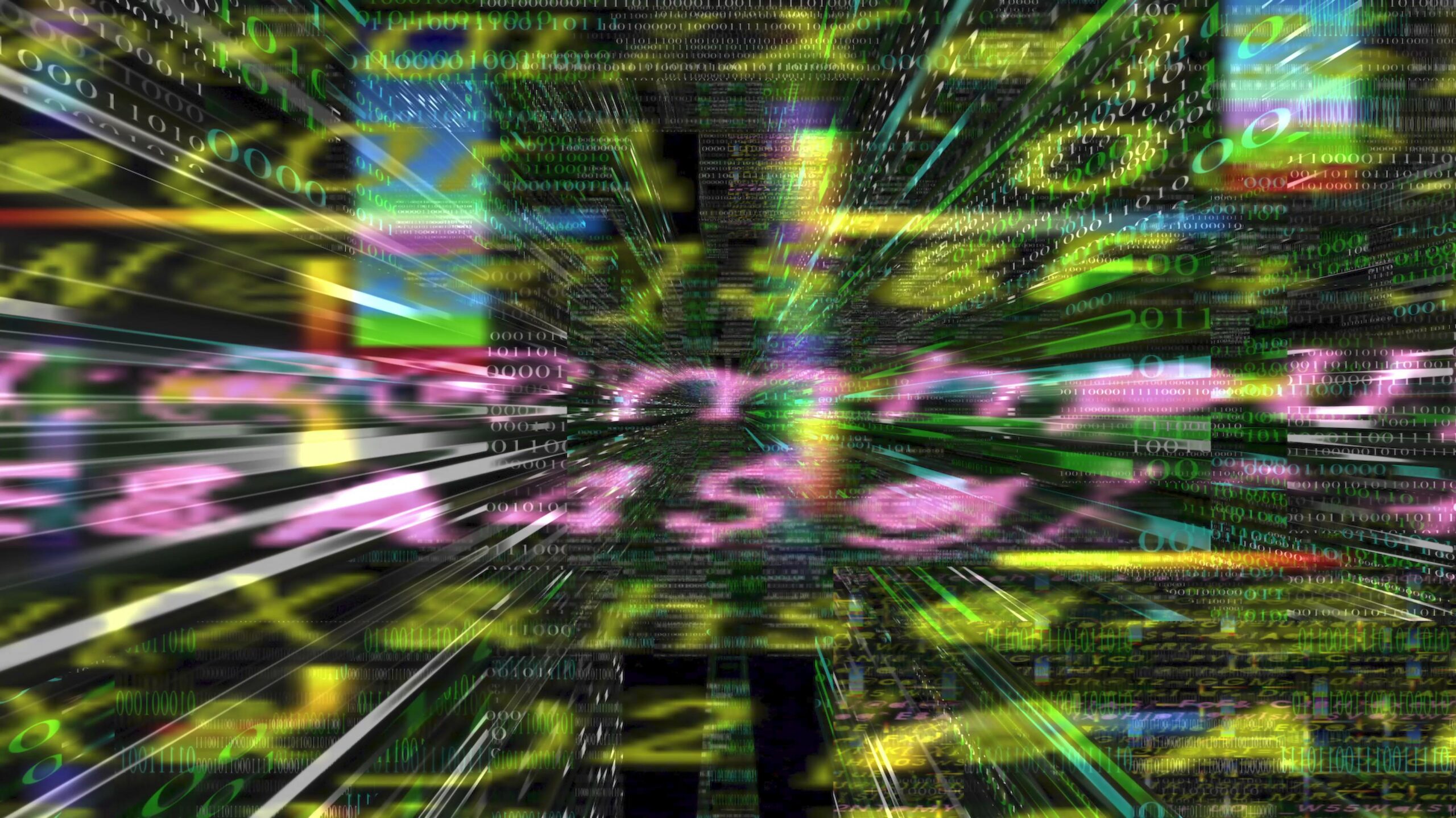 A vibrant 4K video loop digital tunnel showcasing binary code and data flow, symbolizing rapid technological communication and connectivity in the cyber age.