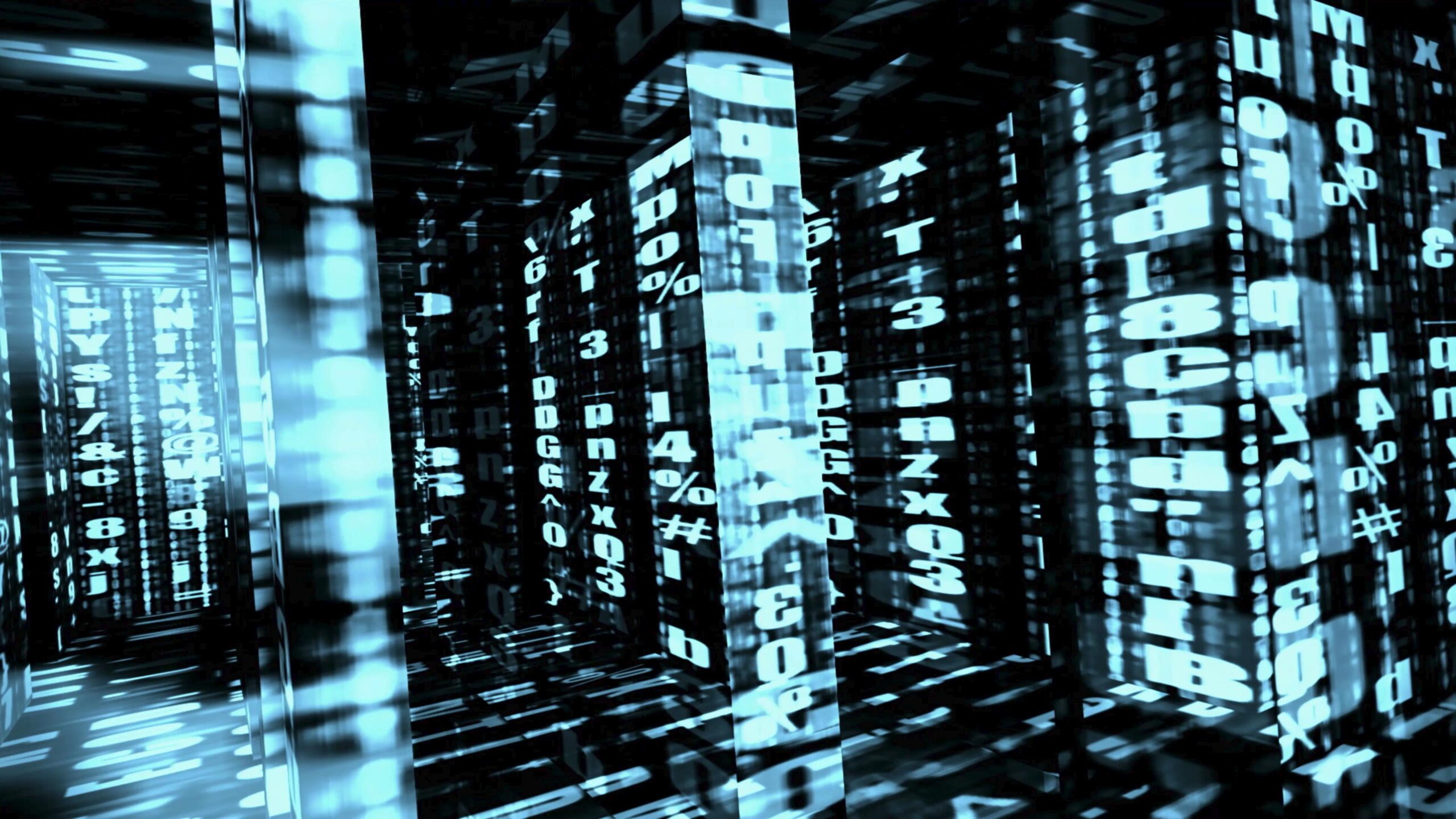 Futuristic 4K video loop of a digital corridor with flowing data and symbols.