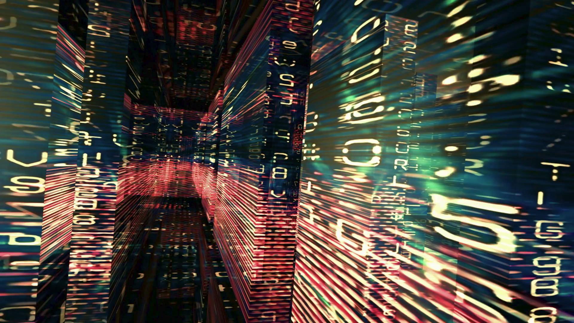 Abstract video loop of a digital data stream corridor with motion blur and vibrant colors suggesting a high-tech, futuristic environment.