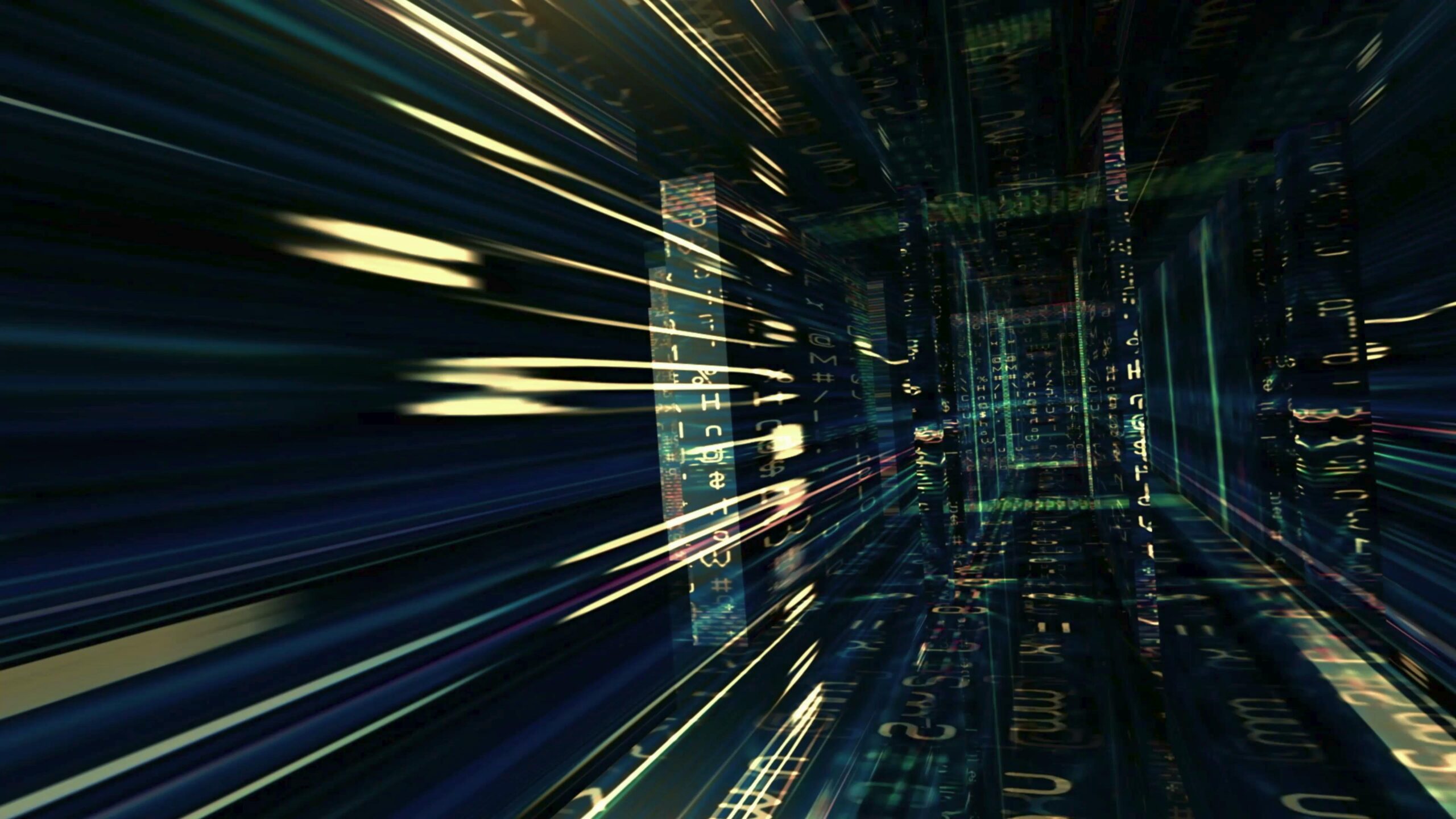 4K video loop of a cyber tunnel filled with floating digits & symbols streaming dynamically on screen.