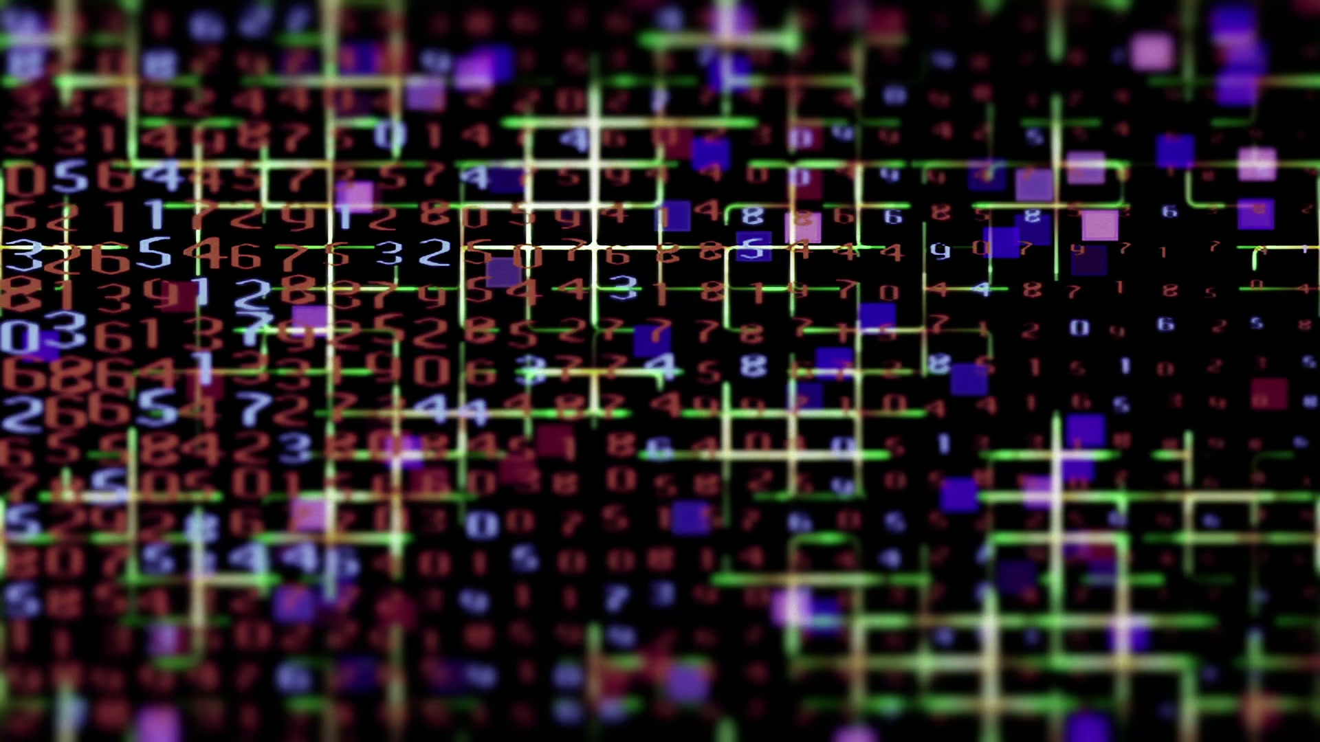 The video loop showcases a digital matrix grid filled with animating numbers and code in multiple colors.