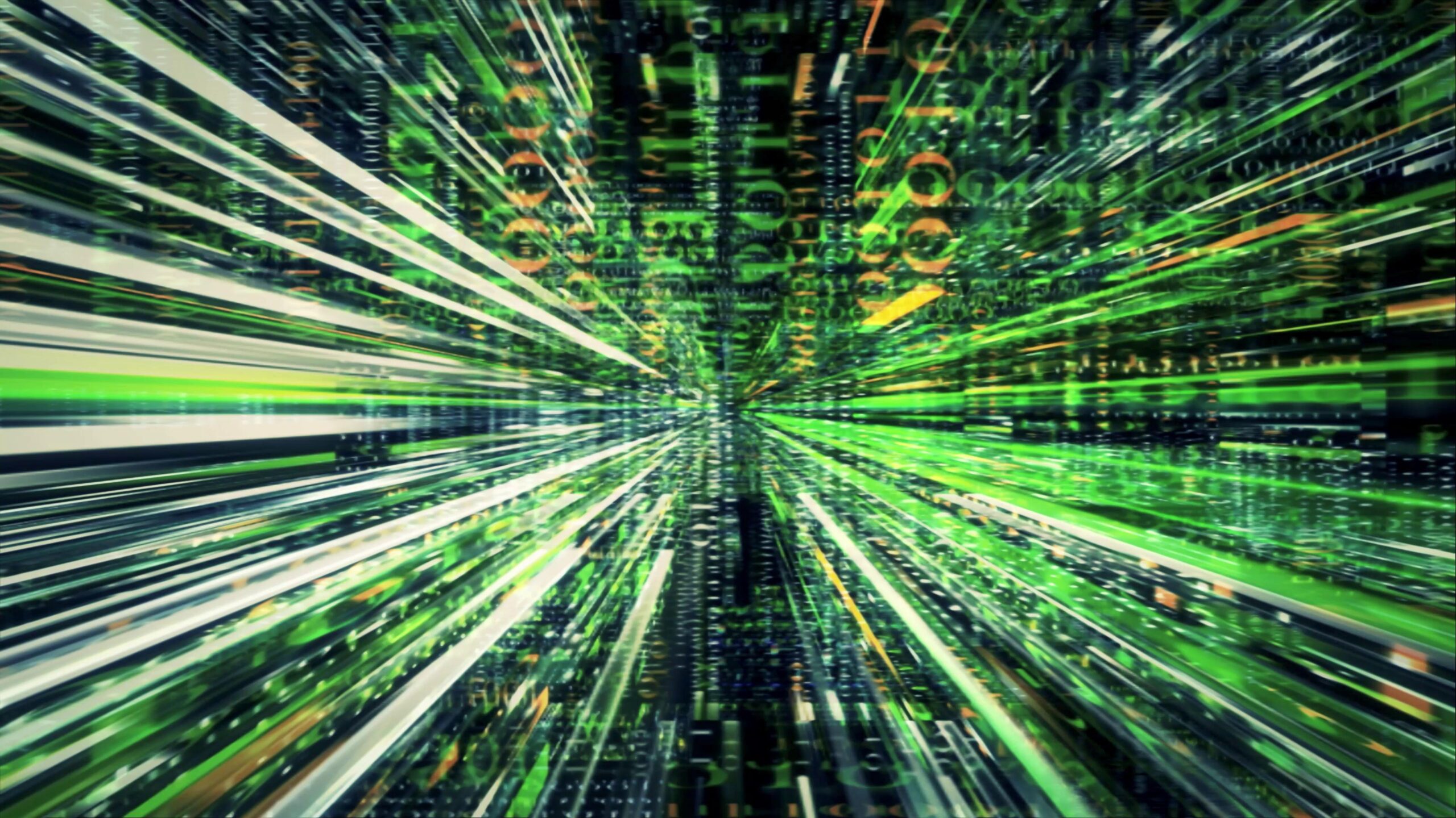 Futuristic 4K video loop of a digital tunnel filled with glowing green and yellow lines resembling fast-moving data streams.