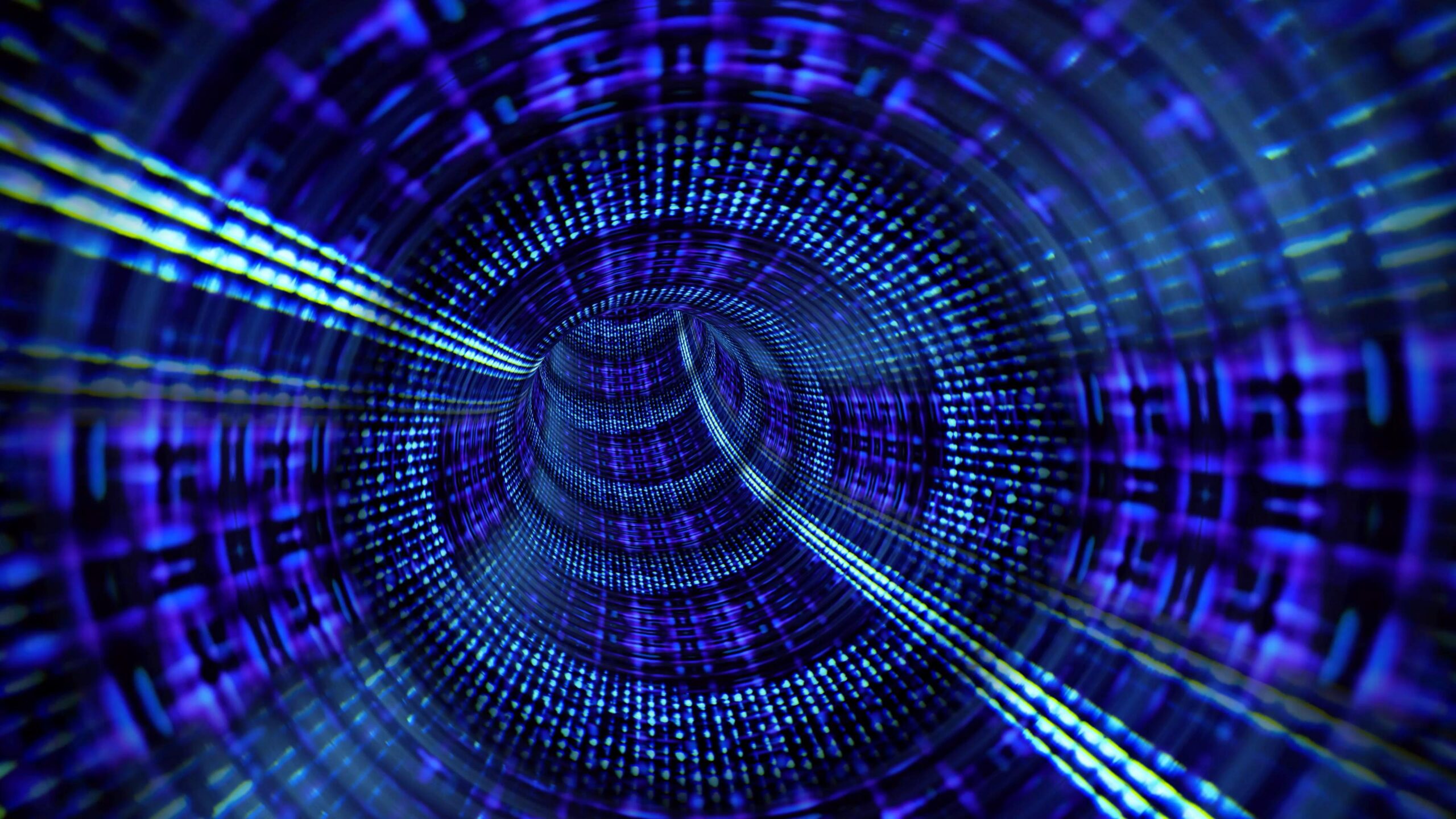 Neon blue spiral digital tunnel 3D animation loop featuring glowing grid lines and radiant beams.