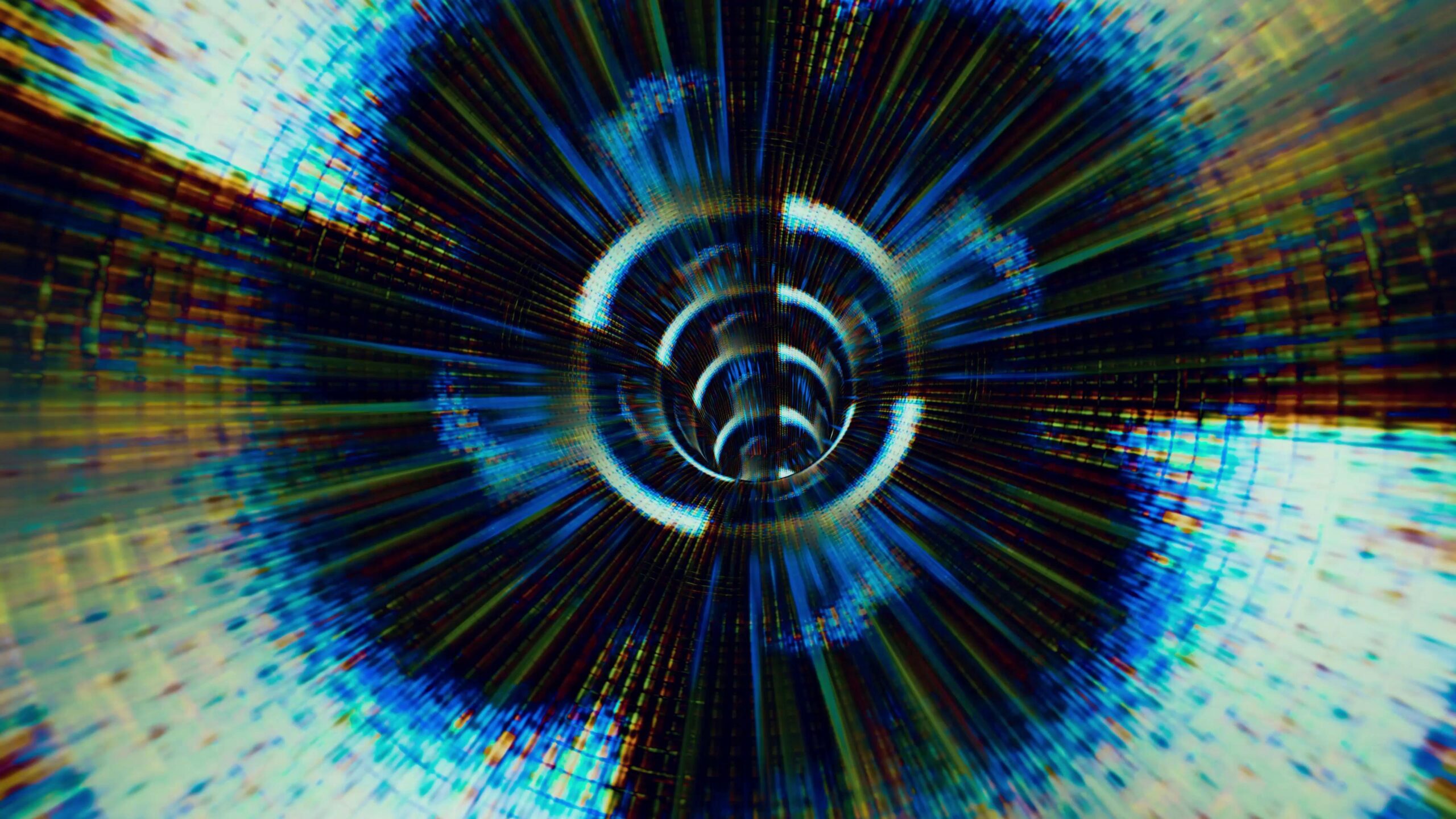 Abstract colorful digital tunnel animation with swirling lights and pixelated effects.