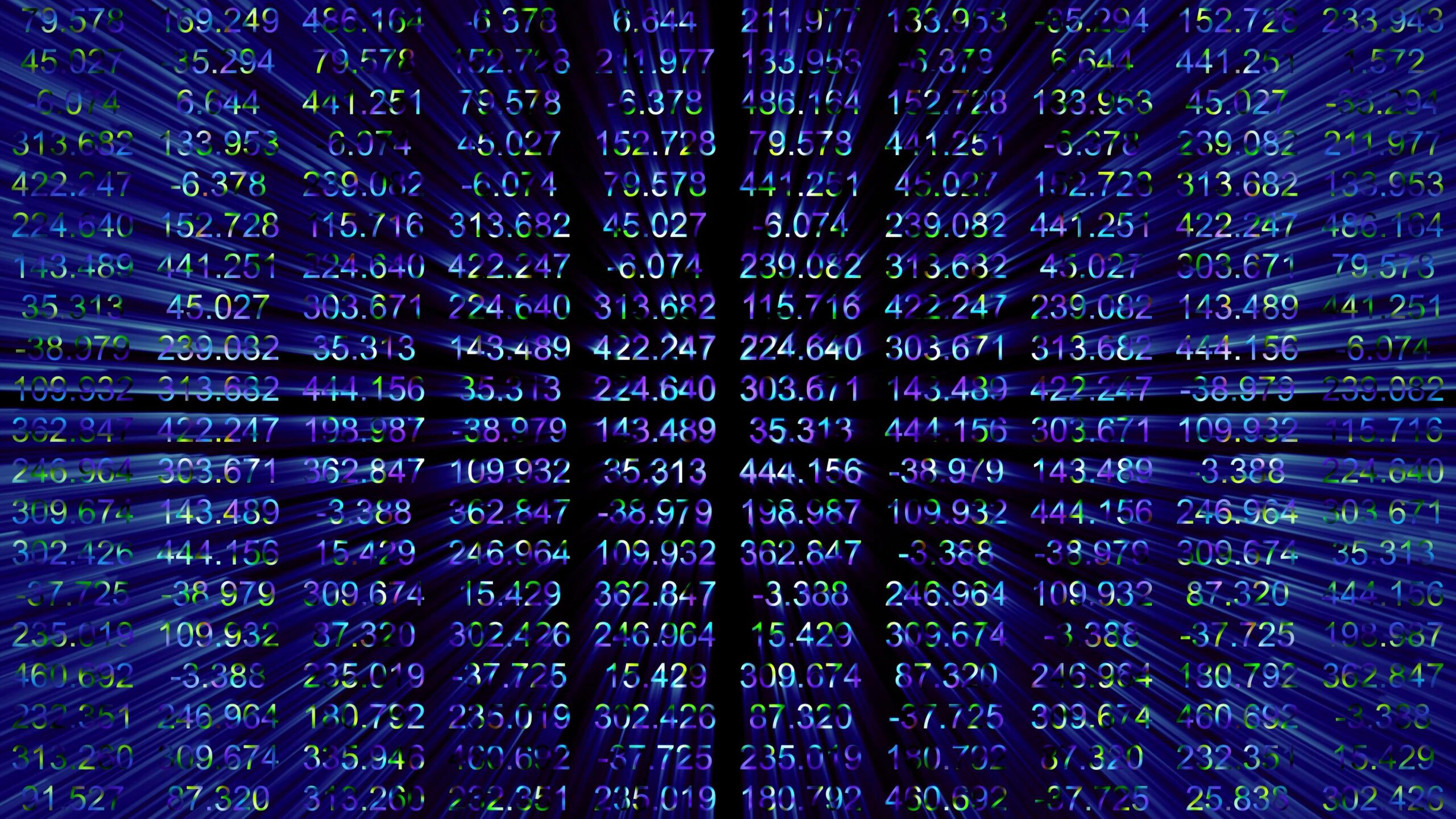 Abstract glowing numeric matrix animation displaying dynamic blue-purple gradients with radiant streaks emanating from centerpoints resembling high-tech data flow visuals ideal for tech-themed presentations or immersive backgrounds.