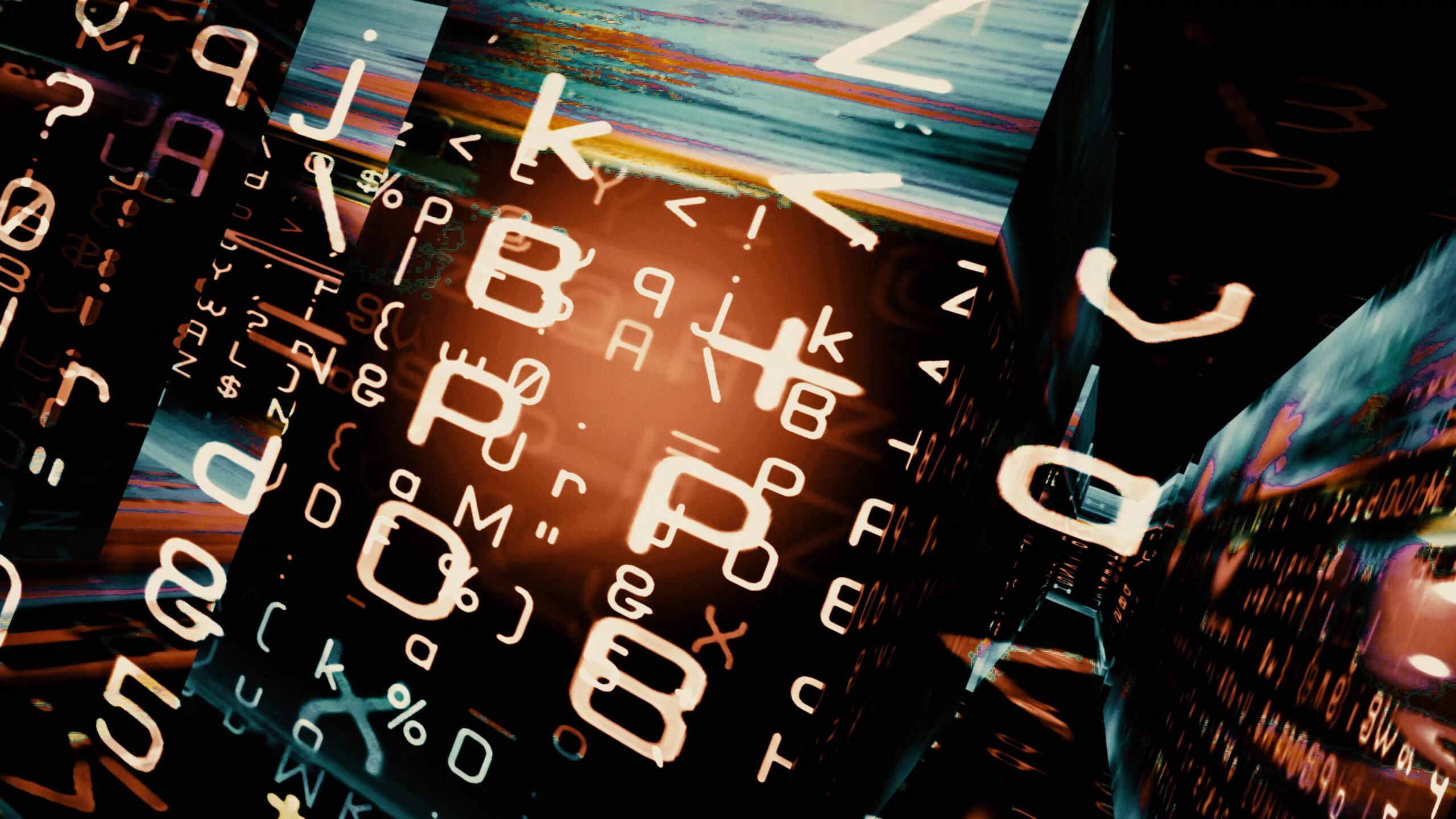 Abstract glowing letter panels swirl dynamically inside a digitally rendered tunnel, creating immersive technological visuals ideal for tech-themed animations or background elements emphasizing communication networks and cyber environments.