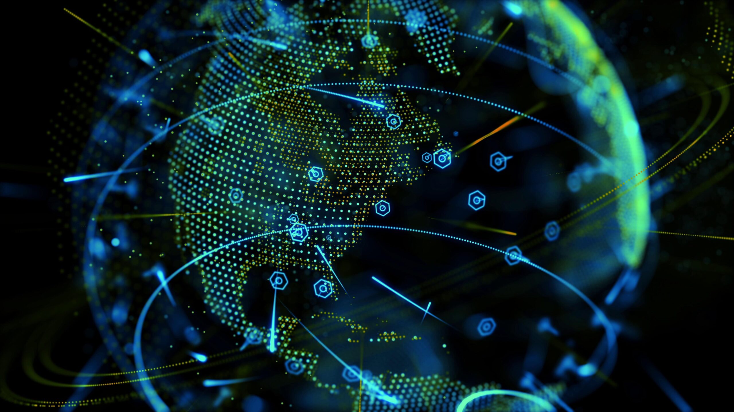 A futuristic digital globe filled with glowing lights, connections, and floating geometric shapes representing advanced technology and global connectivity.