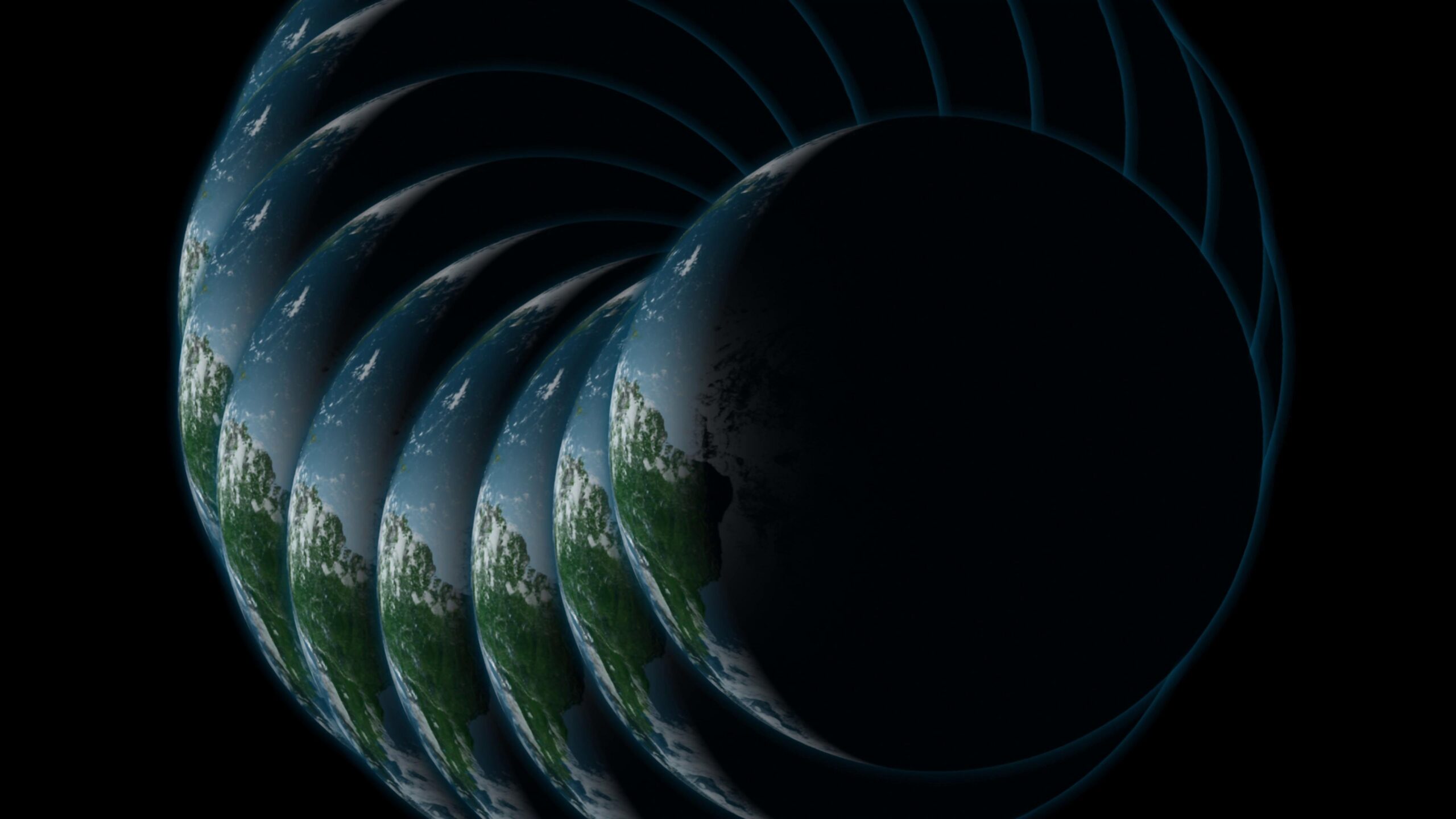 Multiple rotating Earths in dark space with glowing orbital lines around them.