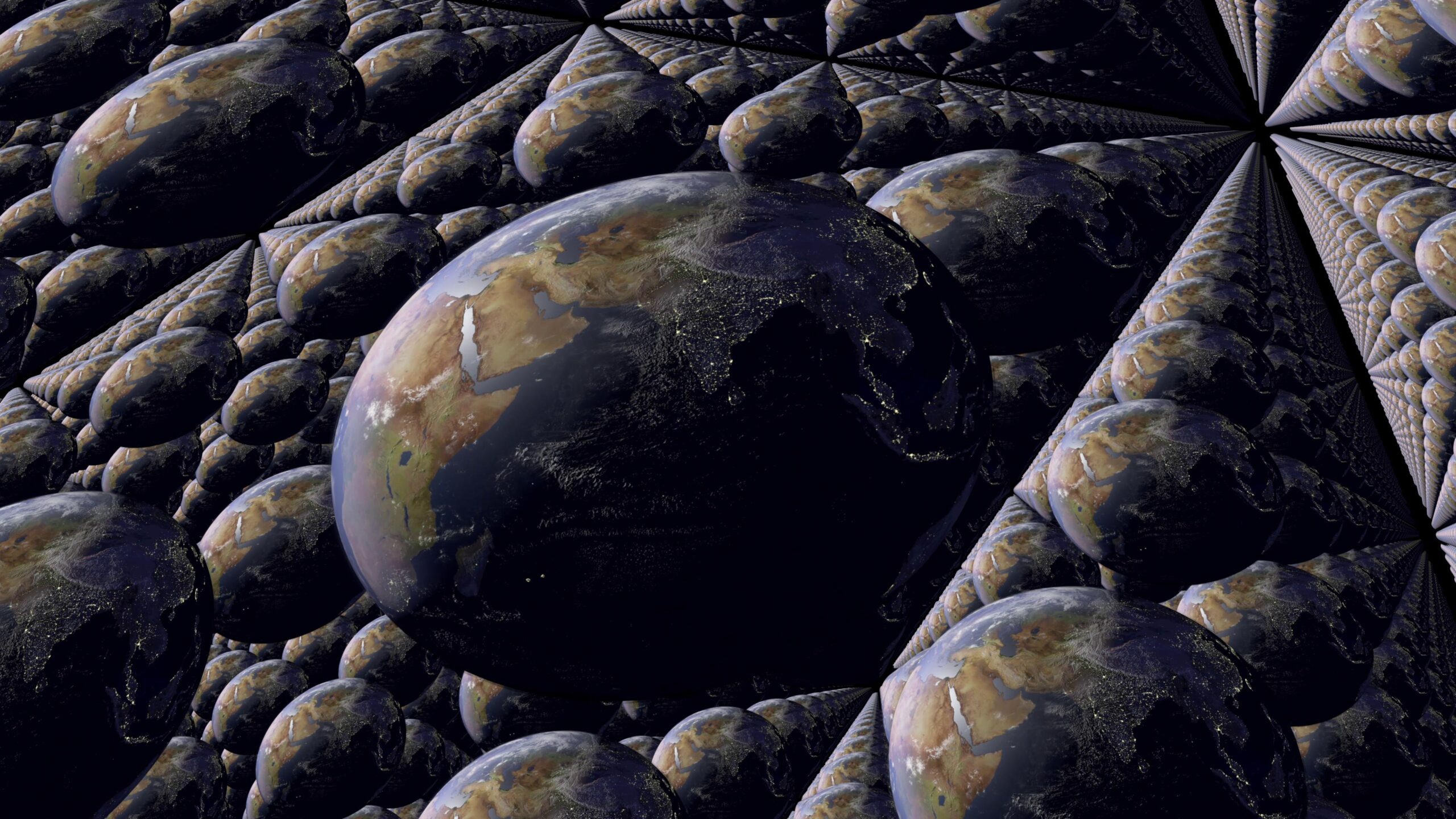 4K digital video loop art showing repeating earth=like orbs forming complex geometric structures representing multiverse concepts.