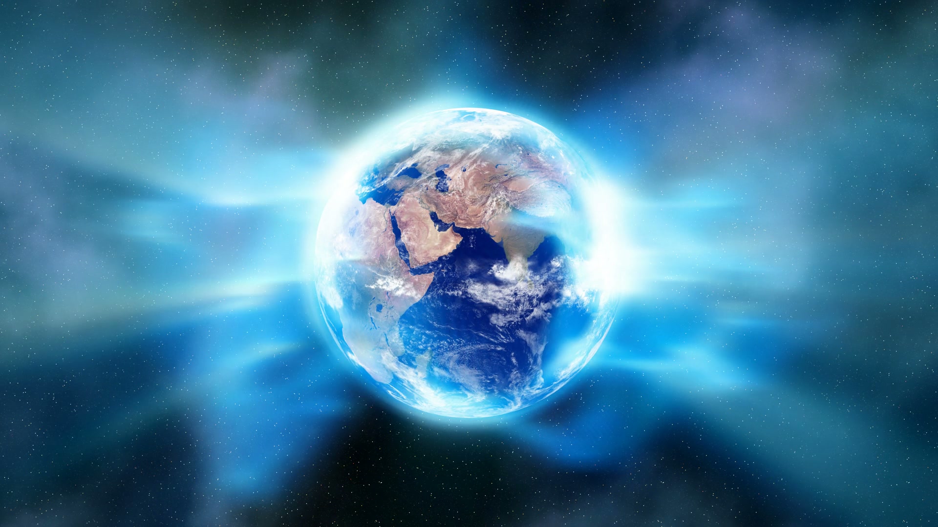 A breathtaking video loop animation of Earth from space, enveloped in a glowing blue light against a backdrop of the starry cosmos.