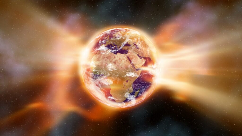 A vibrant 3D animation of Earth, glowing in reds and oranges, surrounded by cosmic flares and stars, illustrating the planet's global warming problem.