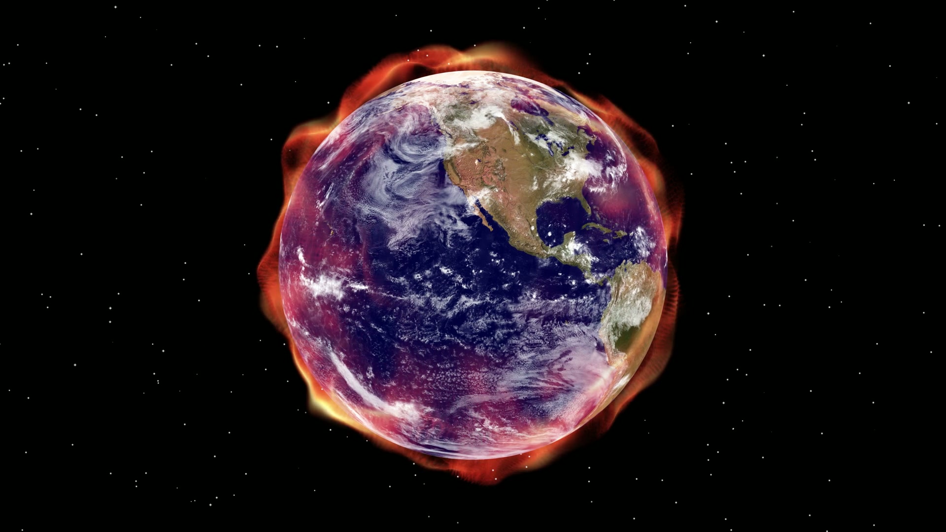 The animation loop depicts Earth as seen from space, surrounded by a prominent red and orange glow, which suggests heat or energy emanating from the planet due to global warming.