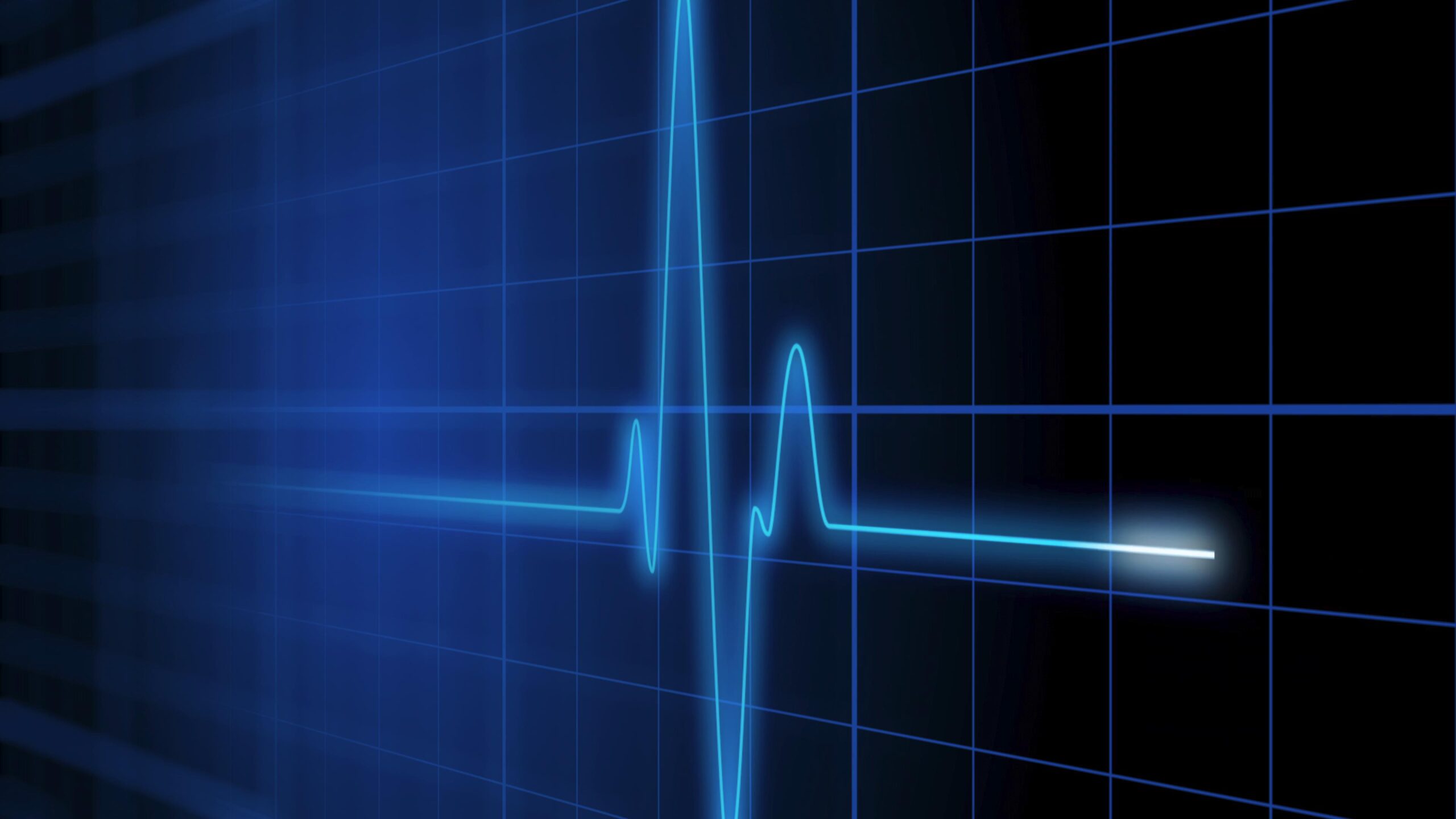 Looping 4K video of a digital heartbeat monitor with glowing blue pulse line on grid background.