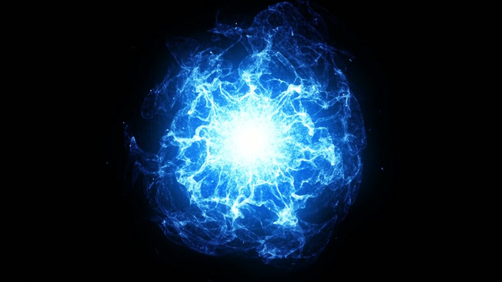 A glowing blue energy sphere with dynamic tendrils radiating from a bright center, set against a black background, creating a mystical and cosmic video loop.