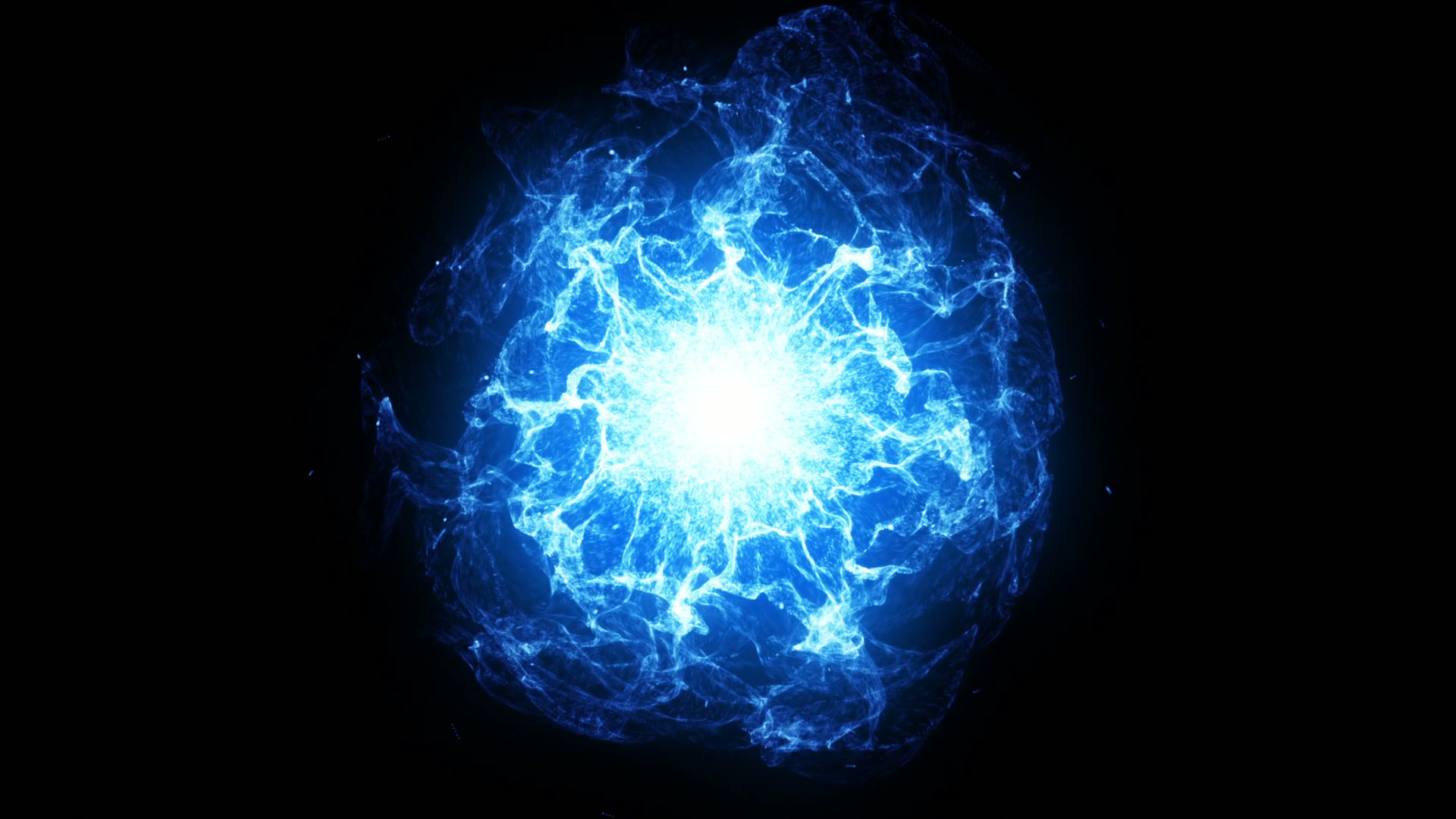 A glowing blue energy sphere with dynamic tendrils radiating from a bright center, set against a black background, creating a mystical and cosmic video loop.