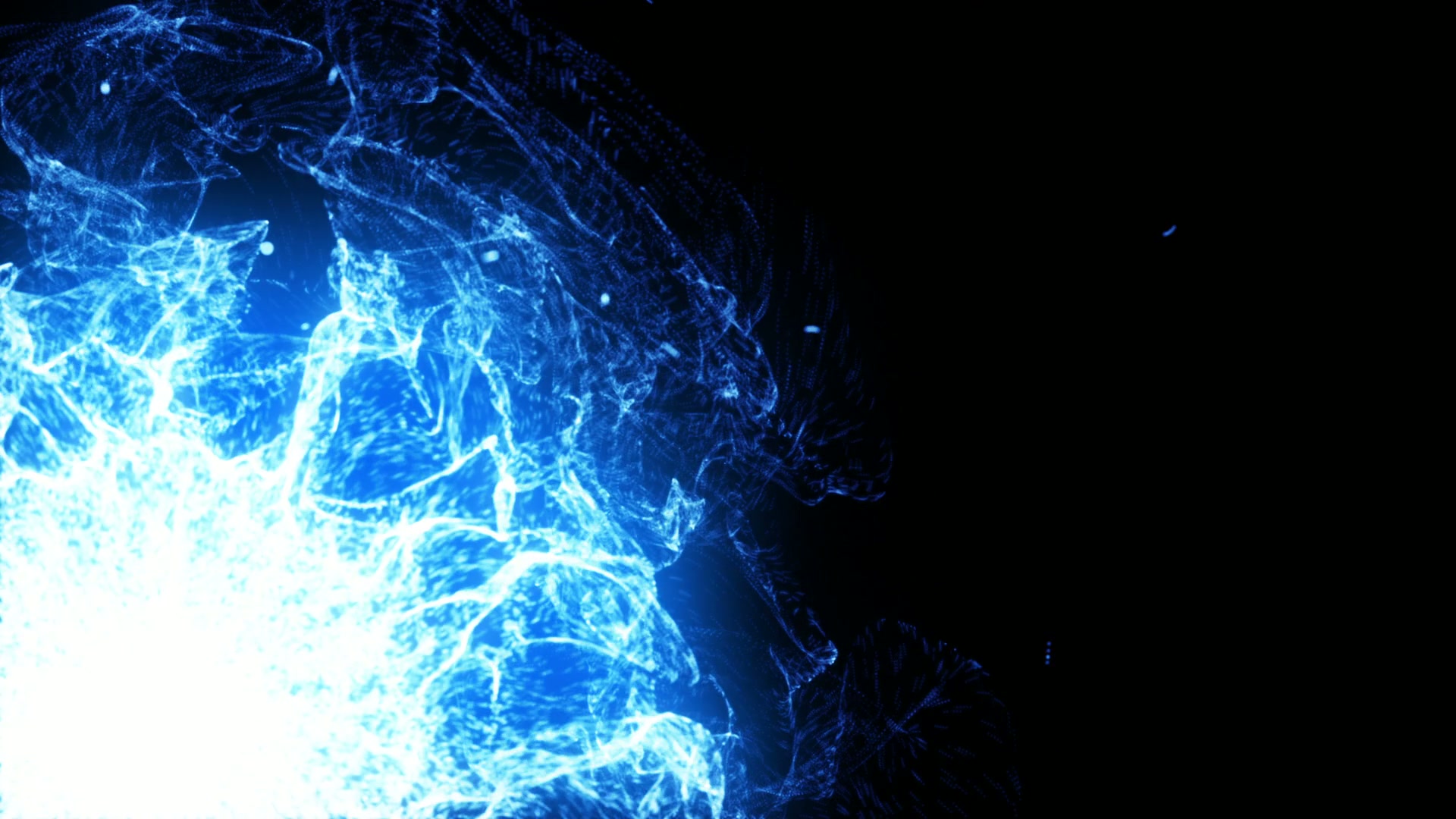 Dynamic abstract blue energy burst with intricate electric tendrils against a black background, evoking cosmic and digital phenomena.