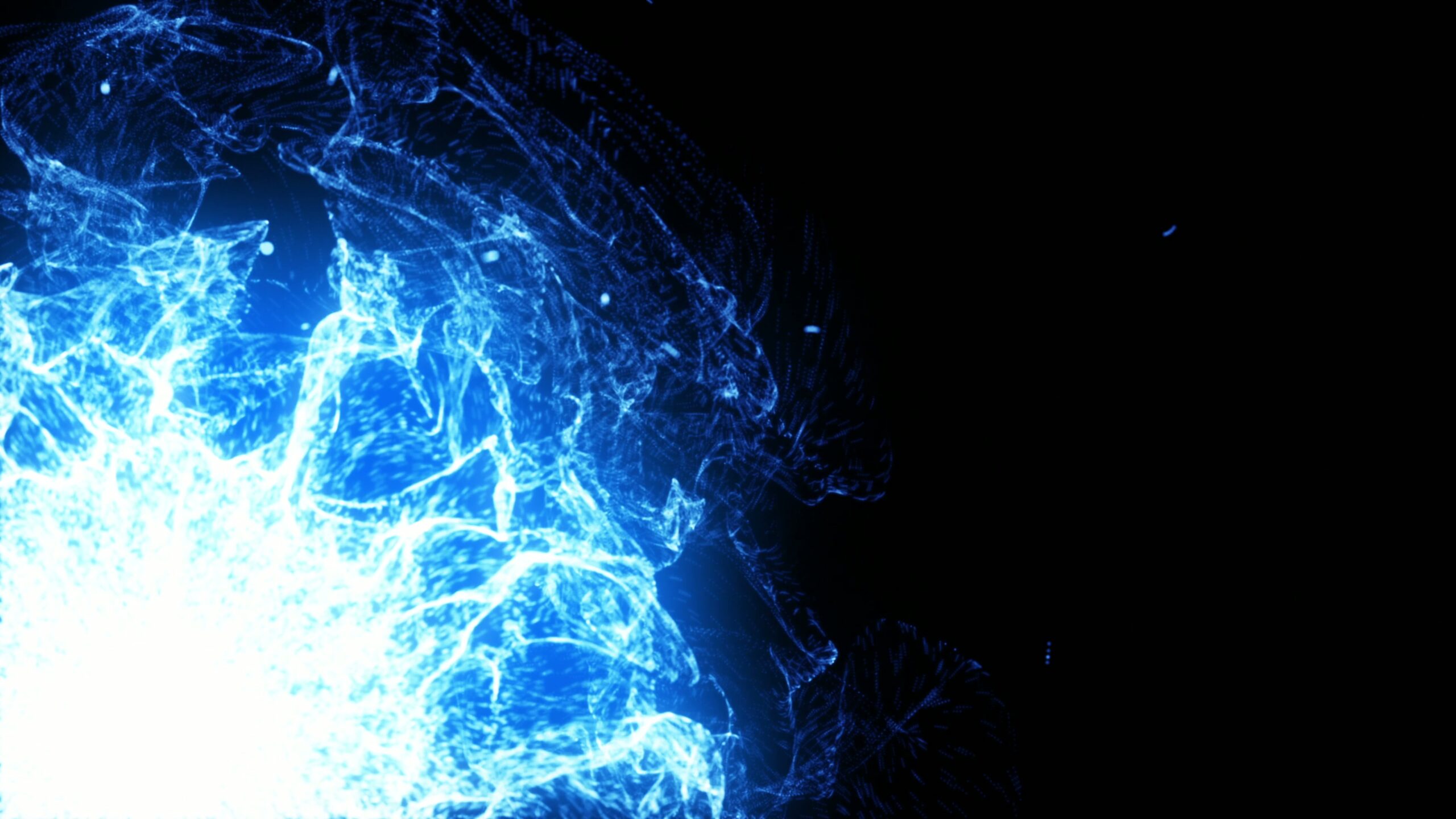 Abstract 4K video loop of a digital burst with swirling electric blue energy patterns against a dark video background.