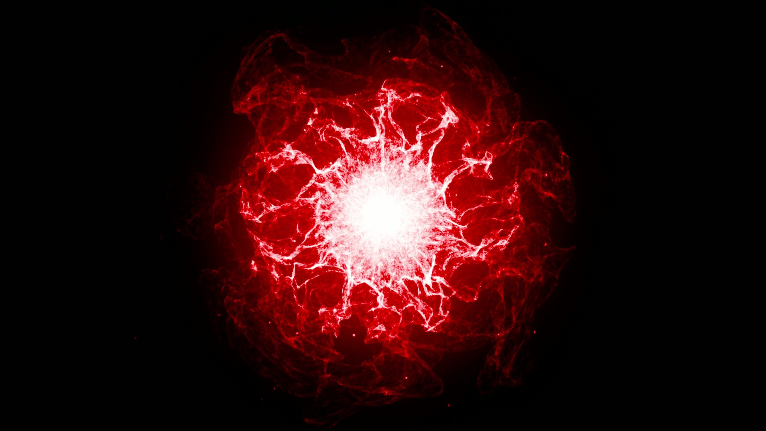 4K video loop of abstract red cosmic explosion energy art with bright center.