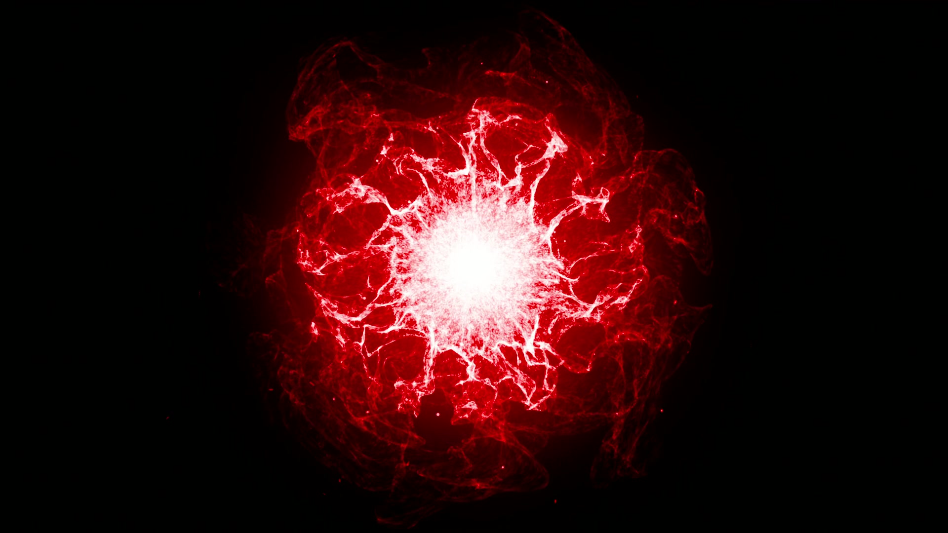 Abstract video loop of a cosmic explosion, with vibrant red energy bursts against a black backdrop and swirling patterns and bright white center.