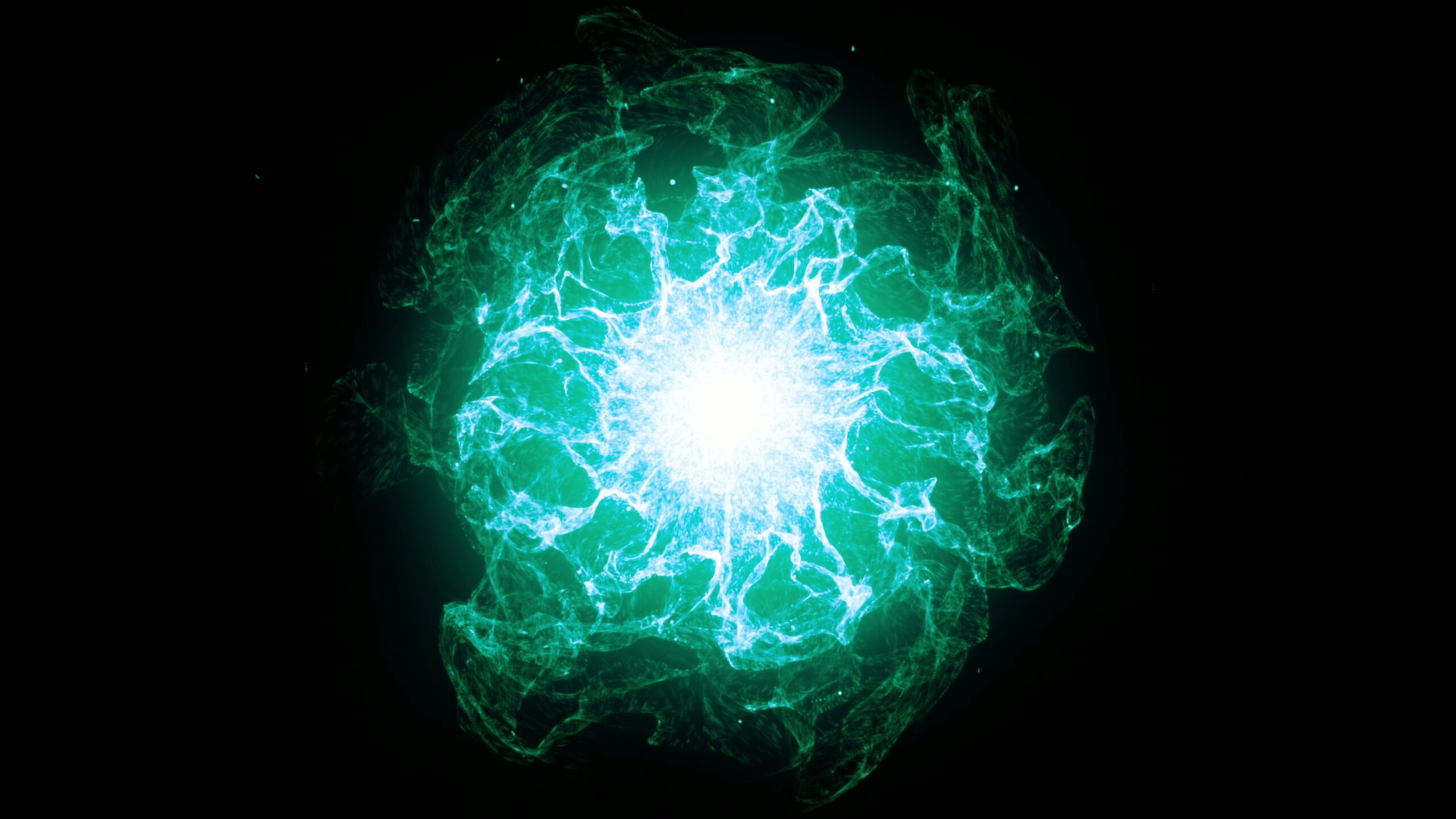Glowing abstract 4K video loop cosmic energy burst with vibrant blue and turquoise light against a black background.