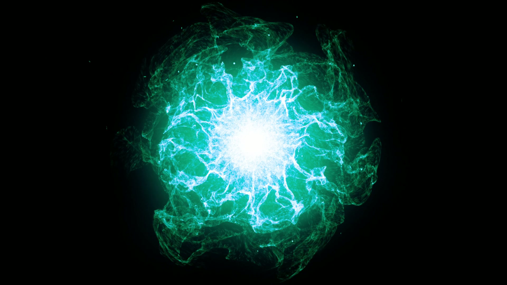A vibrant, looping video of a turquoise-blue energy burst with an intense white core emits radiant light against a dark background, featuring swirling and dynamic patterns, suggesting a cosmic event.