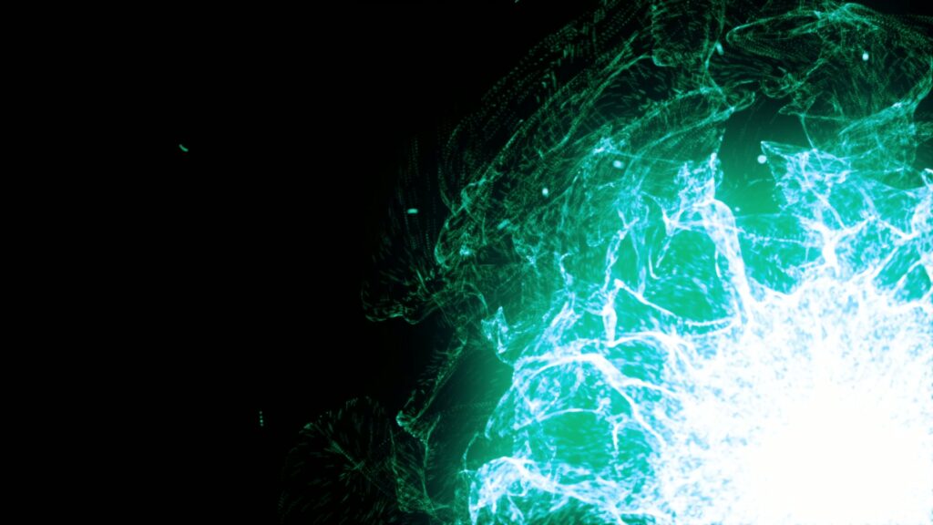 Abstract image depicting a vibrant teal and cyan explosion of light against a dark background, with intricate web-like patterns radiating outward, conveying energy and movement.