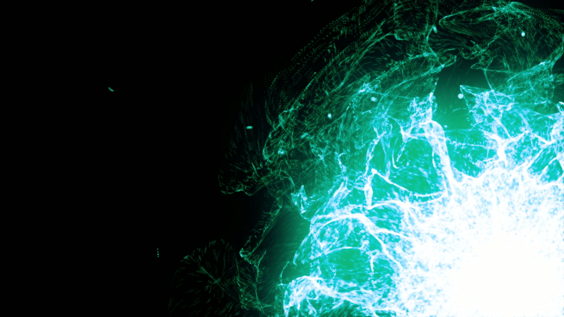 Abstract image depicting a vibrant teal and cyan explosion of light against a dark background, with intricate web-like patterns radiating outward, conveying energy and movement.