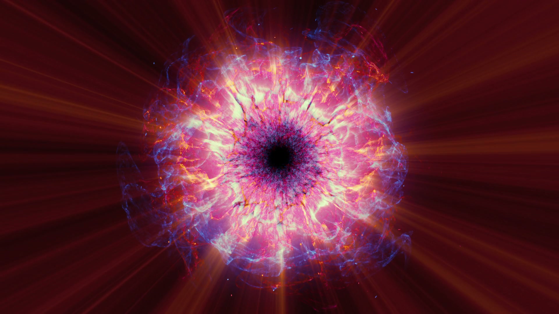 A vibrant looping video of a cosmic explosion with colorful bursts of pink, blue, and orange hues radiating from a central black core, resembling a supernova in deep space.