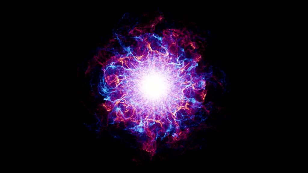 An abstract video loop explosion of colors set against a black background. At the center is an intense, bright white light, radiating energy outward.