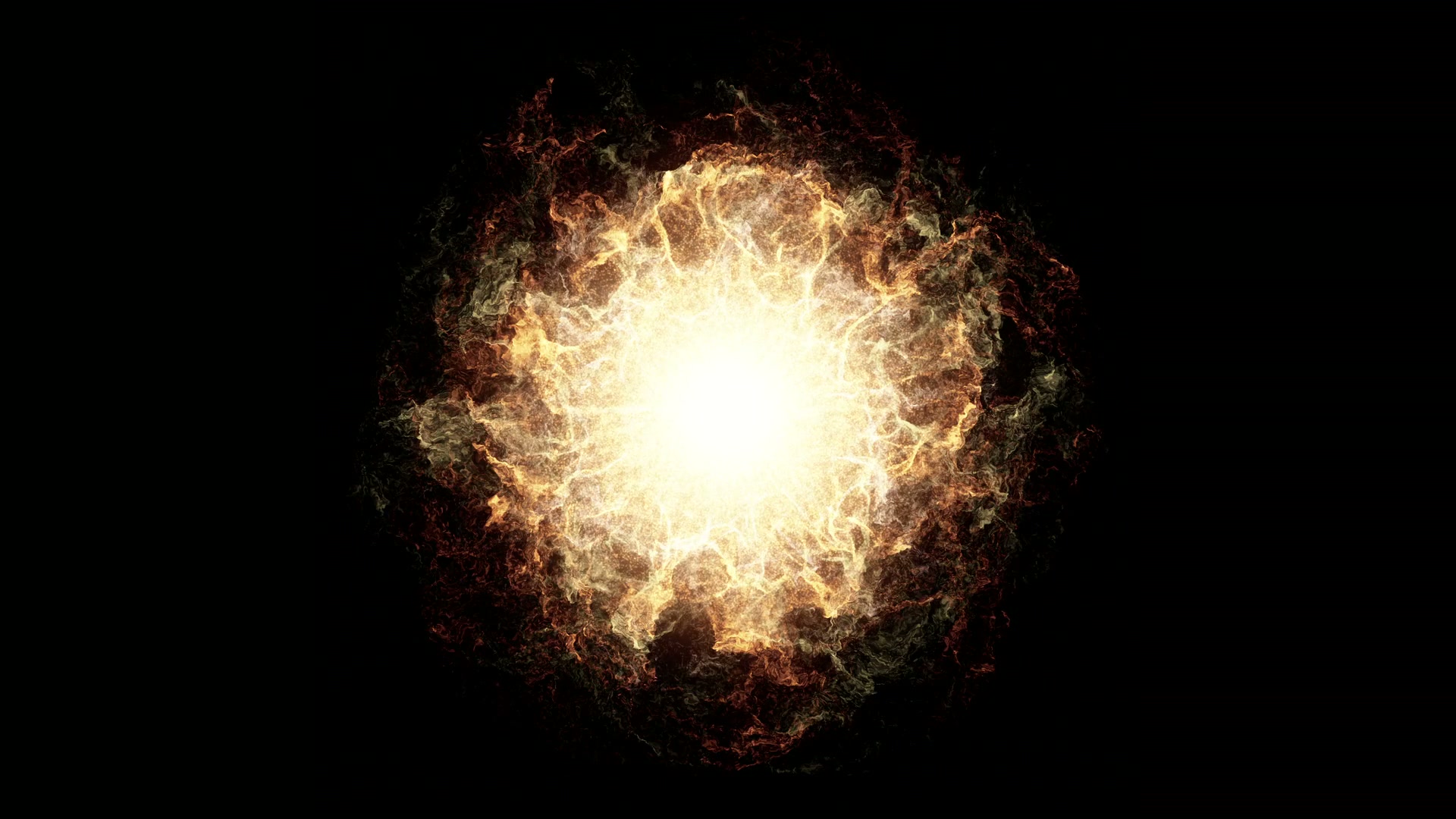A mesmerizing HD video loop of a cosmic explosion with a bright core, radiating fiery patterns of light in hues of yellow, orange, and red against a dark background, illustrating a dynamic cosmic event.