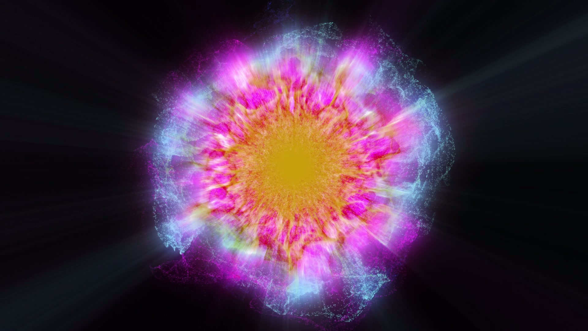 Abstract HD video of a vibrant, colorful explosion with a bright yellow center and radiating pink, purple, and blue hues against a black background.