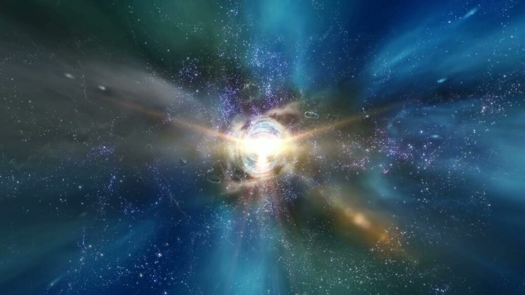 A stunning cosmic video loop showing an explosion of light and color, with blues, greens, and purples radiating outward from a bright center, surrounded by countless stars, showing the vast and dynamic nature of the universe.
