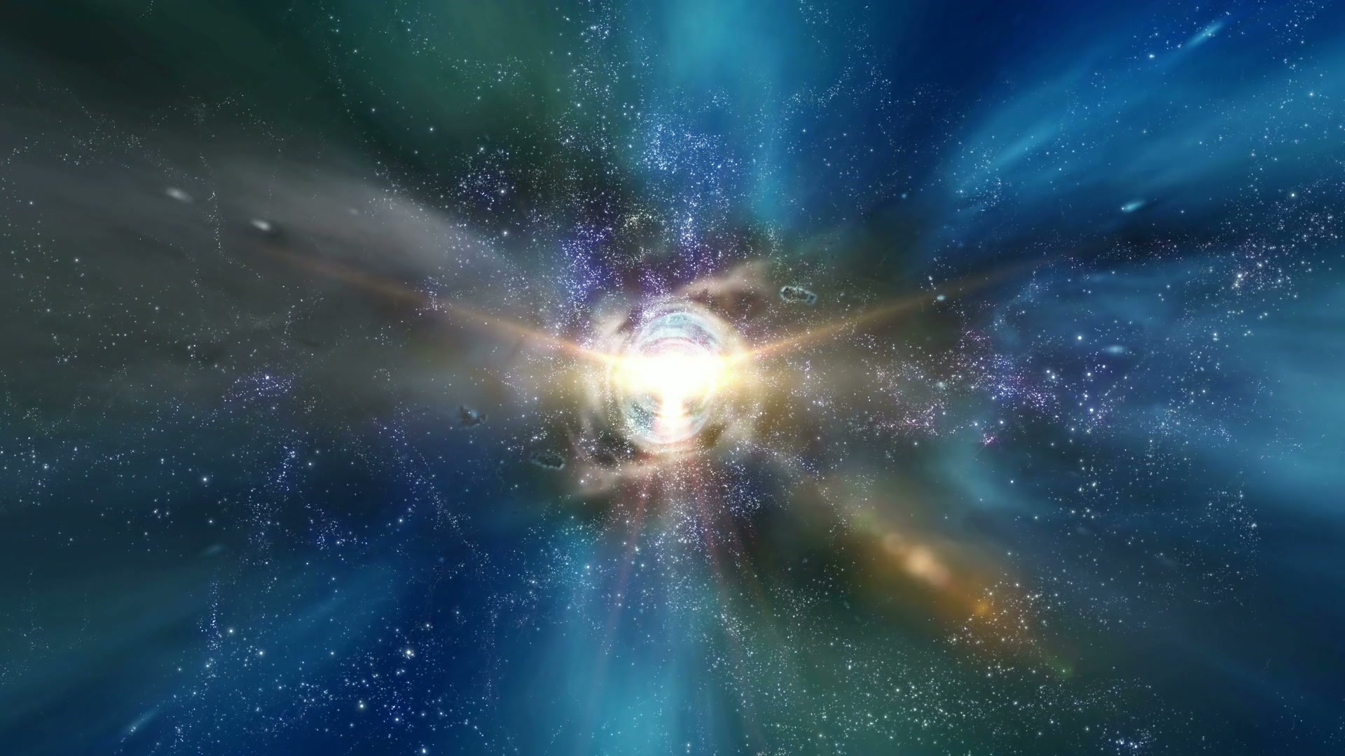 A stunning cosmic video loop showing an explosion of light and color, with blues, greens, and purples radiating outward from a bright center, surrounded by countless stars, showing the vast and dynamic nature of the universe.