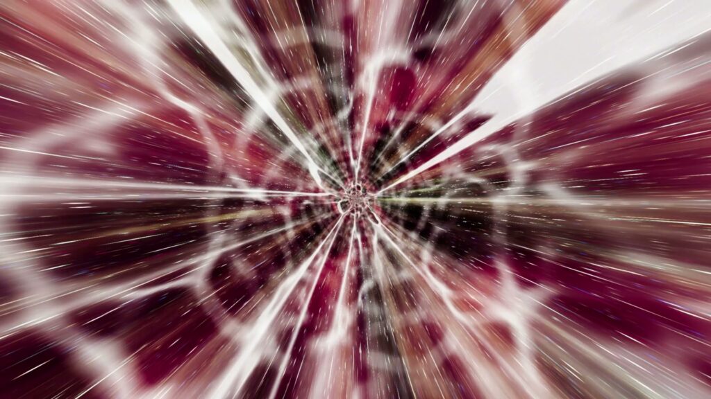 Abstract video loop depicting a dynamic cosmic tunnel burst with vibrant streaks of white, red, and purple radiating from a central point, creating a three-dimensional, energetic explosion effect.