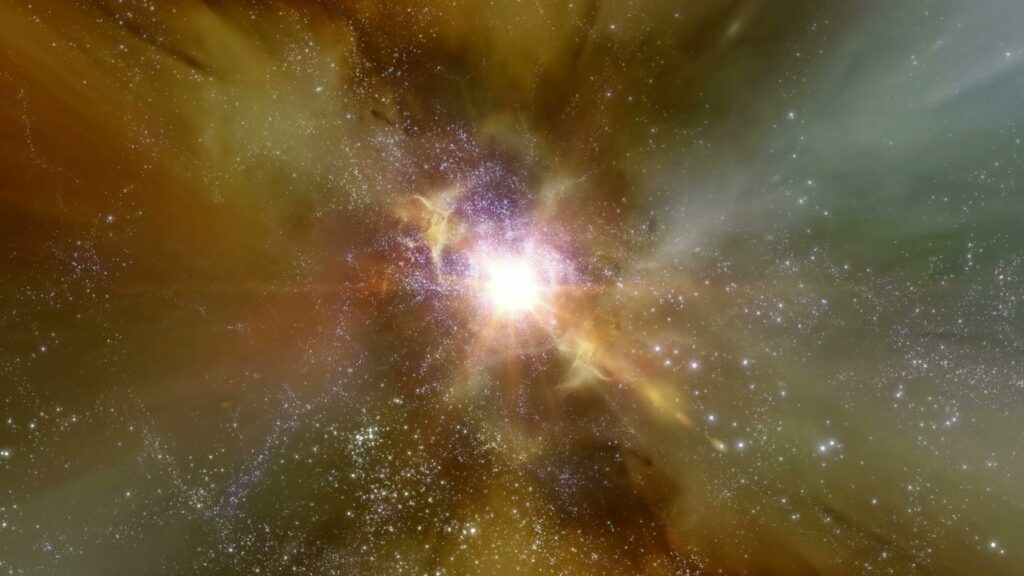 A vibrant cosmic journey through space featuring a bright, luminous core surrounded by colorful nebular clouds and scattered stars, illustrating the vastness and beauty of the universe.