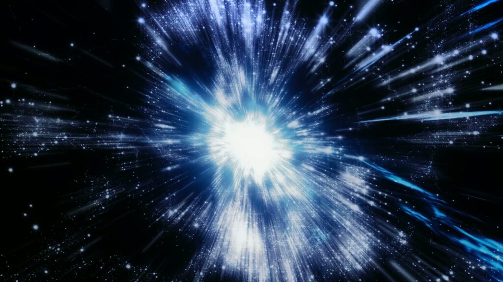 A stunning animation of a cosmic explosion of radiant light with bright white and blue rays emanating from a core, surrounded by specks representing stars or galaxies in the vastness of outer space.