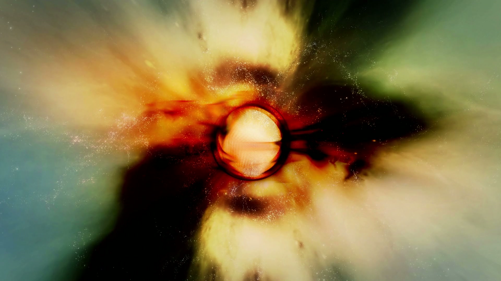 Abstract video loop of a cosmic scene depicting a fiery sphere surrounded by swirling colors and star-like specks, representing a dynamic astronomical phenomenon such as a supernova or black hole.